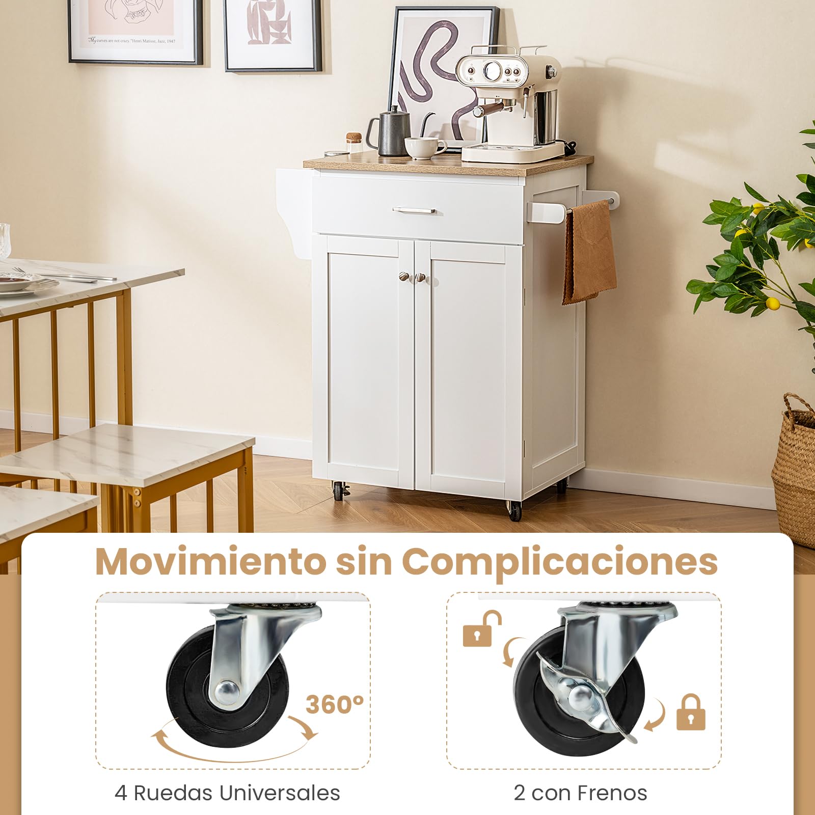 COSTWAY Isla de Cocina con Ruedas, Carrito de Cocina con Cajón y Gabinete de Almacenamiento, Estante Ajustable en 3 Niveles para Especias y Barras para Toallas, Carro de Servicio para Comedor
