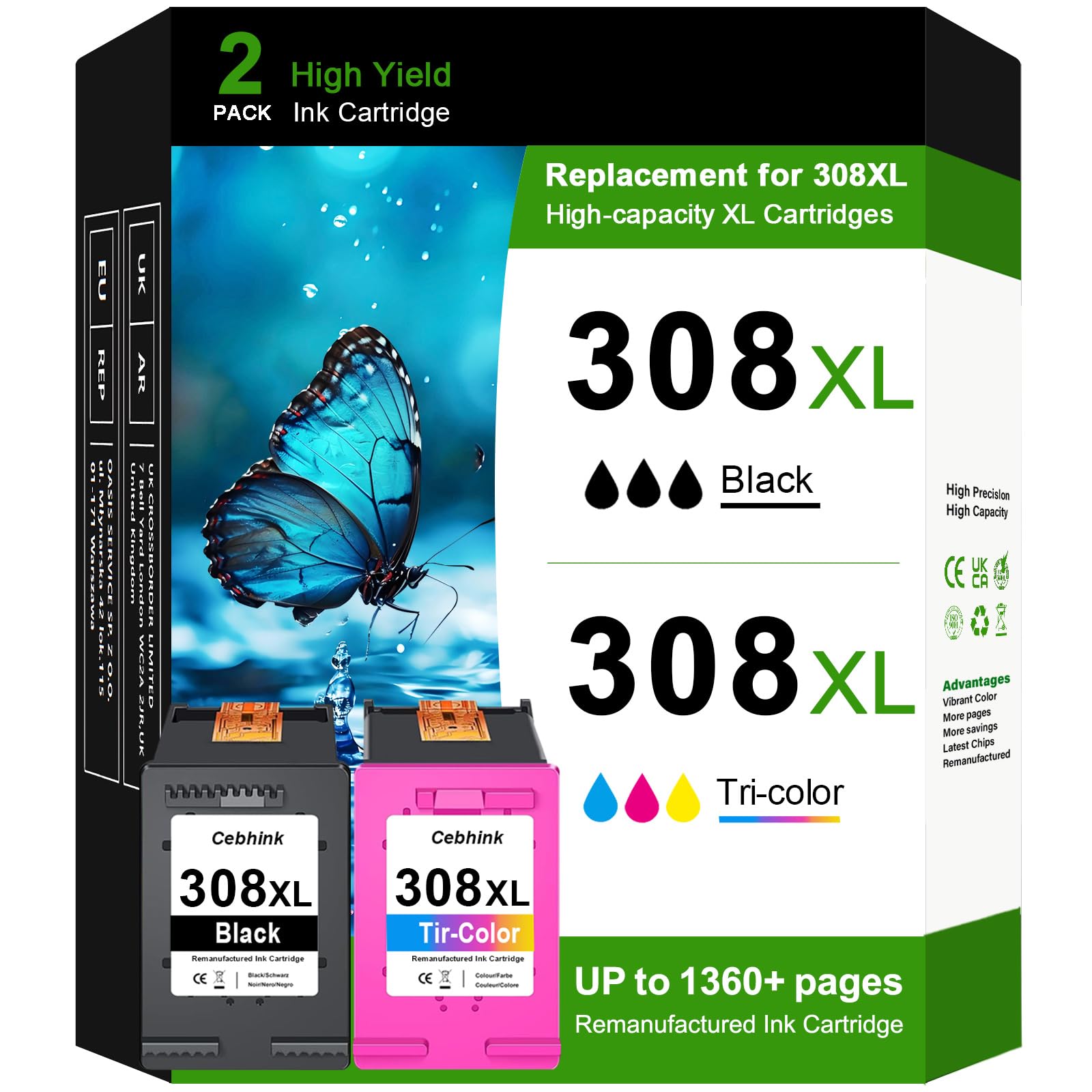 308XL - Cartuchos de tinta negra y de color, 2 unidades, alta capacidad, compatible con impresoras HP 308 XL