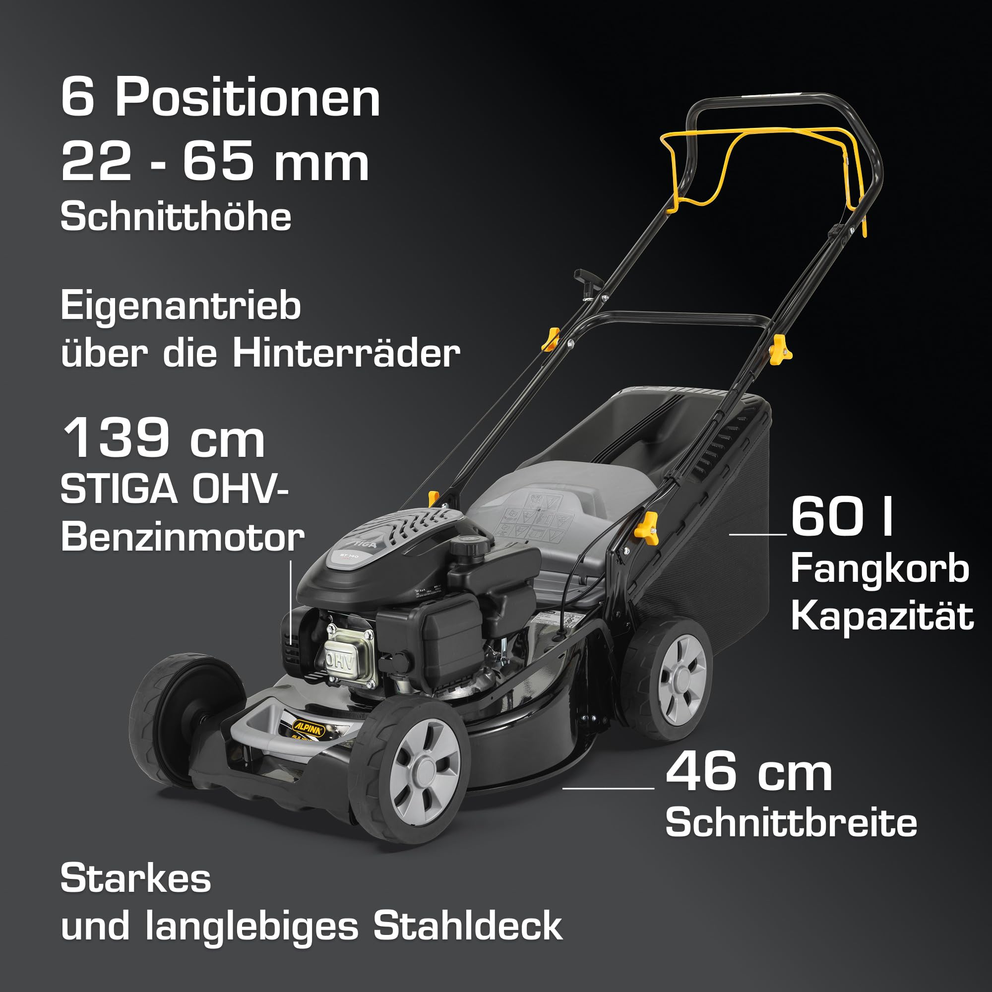 Alpina AL5 46 SA Benzin-Rasenmäher, 139 cc, 46 cm – Fangkorb 60 l, Heckantrieb, Zentrale Schnitthöhenverstellung – Rasenflächen bis 1.200 m²