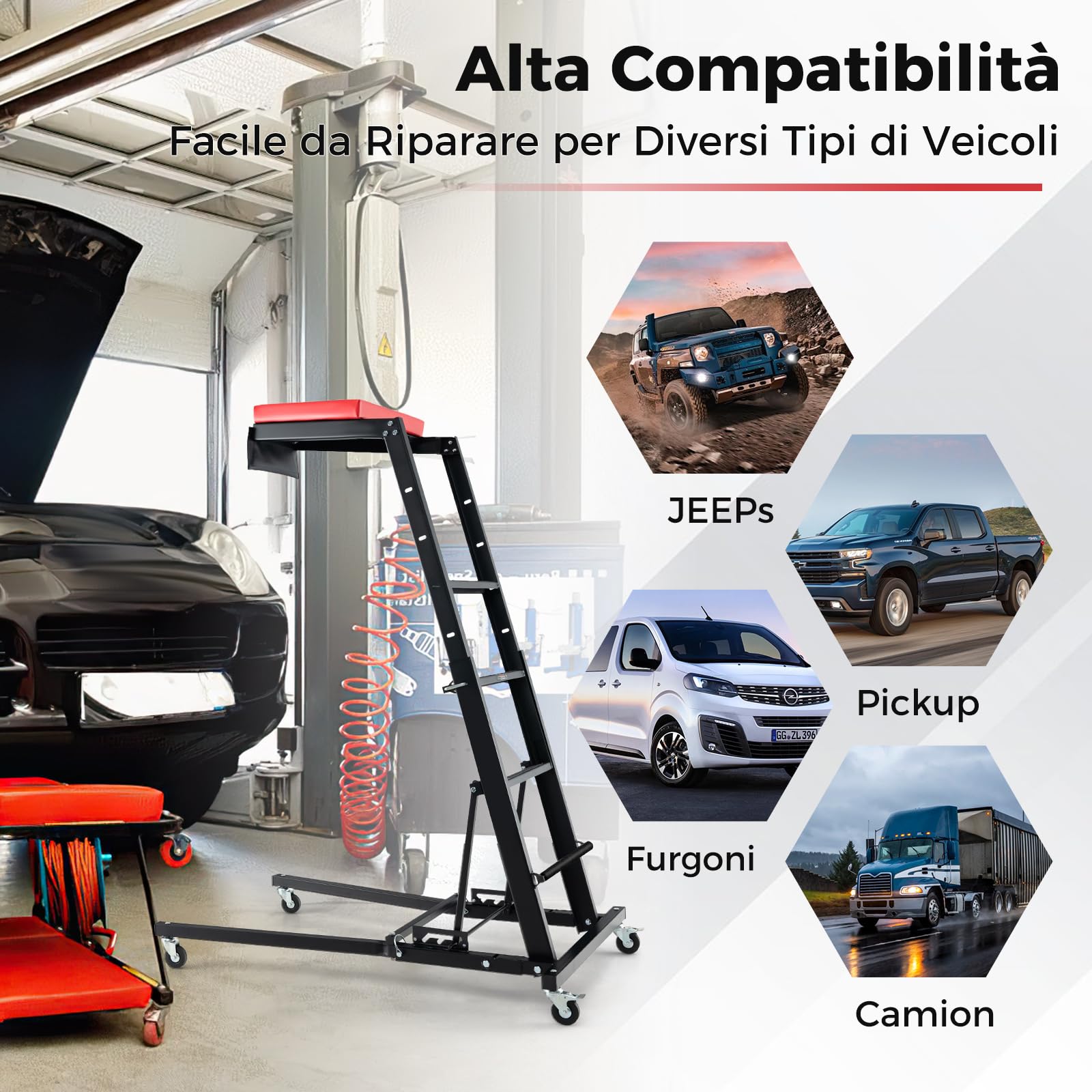 COSTWAY Creeper Pieghevole per Motore, Creeper per Motore Auto con Altezza Regolabile e Angolazione, 4 Ruote, Piattaforma Imbottita, Capacità Carico 180kg, per Garage e Officina di Riparazione