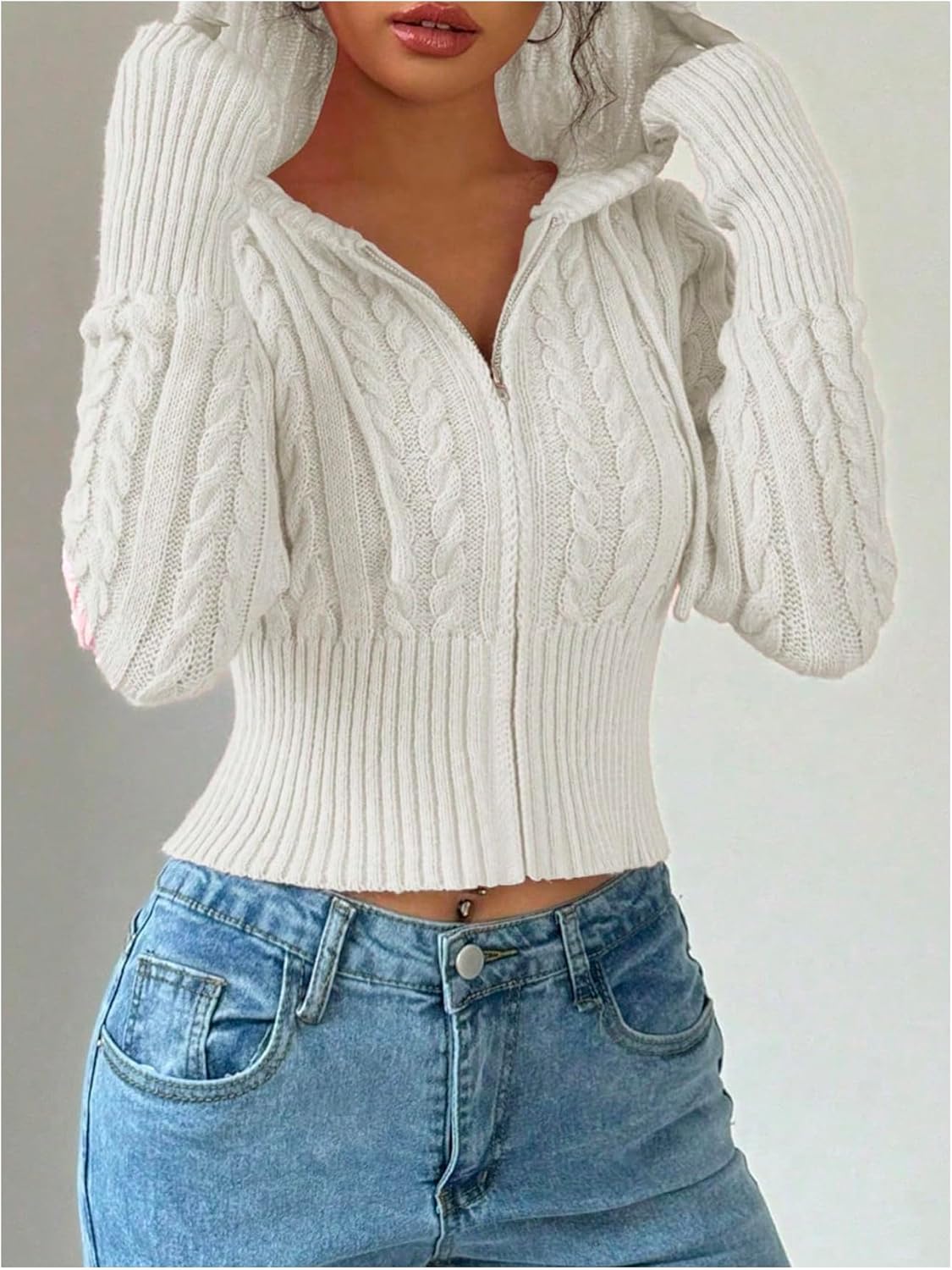 SOLY HUX Women's Crop Cardigan Sweater Cable Knit Zip Up Hoodies Long Sleeve Fall Jacket Y2k Outerwear - Image 4