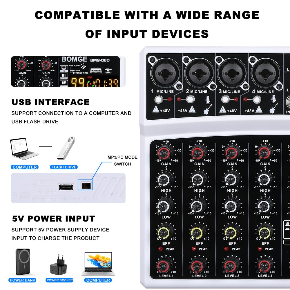BOMGE Mezclador de audio para dj de 6 canales con MP3 USB Bluetooth, alimentaci¨®n fantasma de 48V, Mezclador de efectos de eco de 99 DSP para Live, M¨²sica, Karaoke, Podcast (BLANCO)