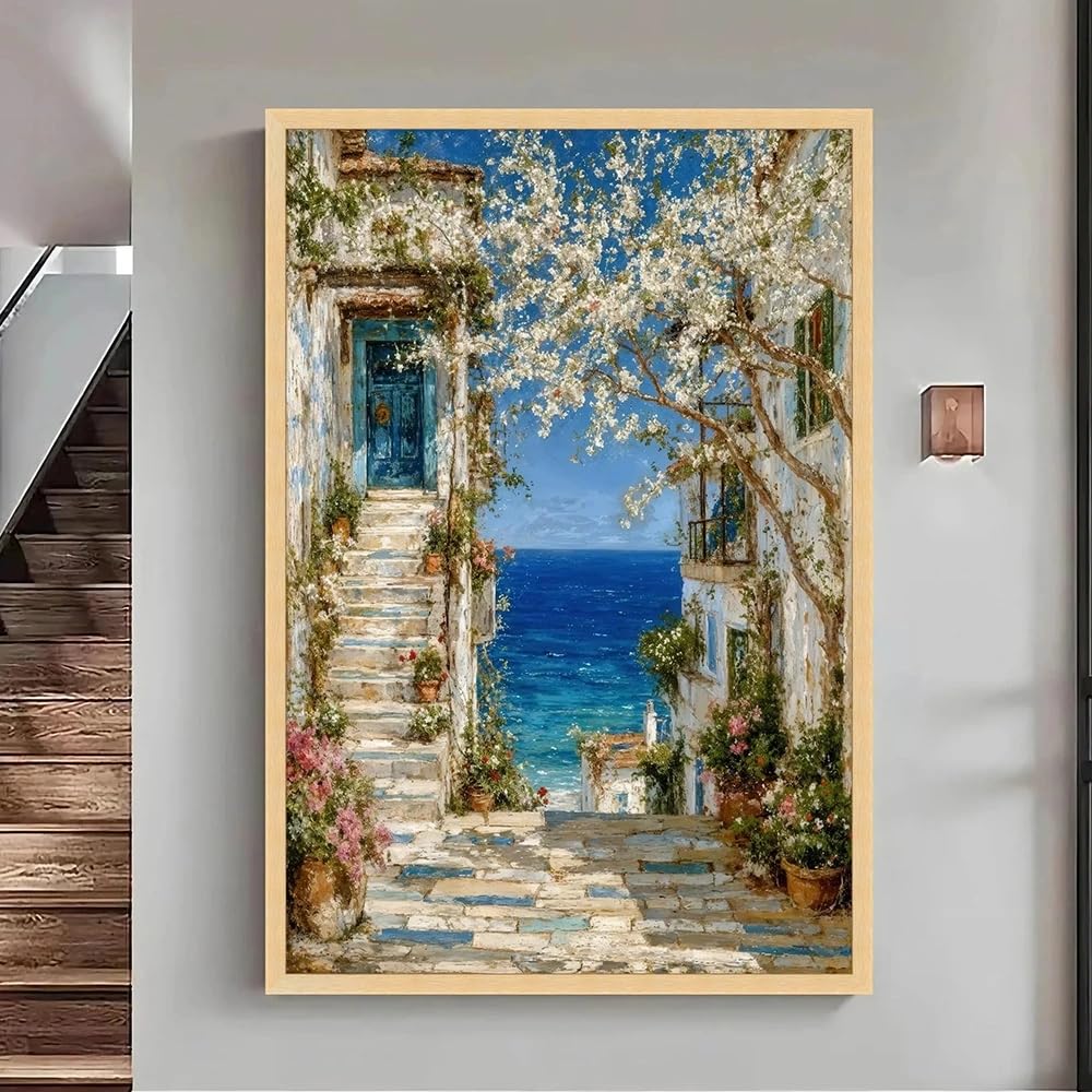 Cuadro con puerta azul mediterranea para dar luz y amplitud a paredes vacias