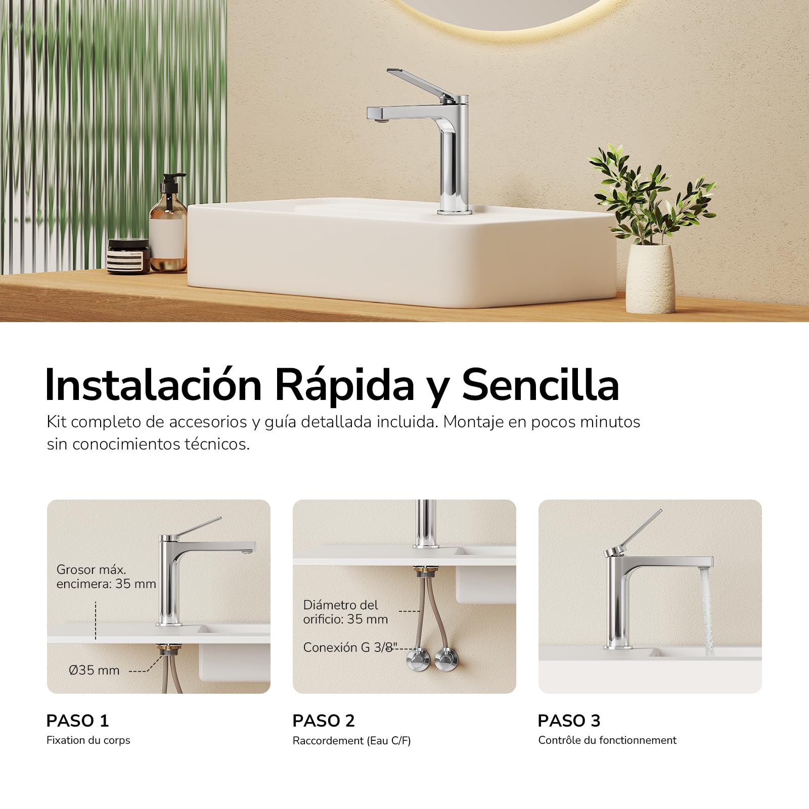 EMKE Grifo de Baño Cromado con Aireador, 195x173x46 mm | Mezclador de Lavabo en Latón Macizo, Cartucho Cerámico, Instalación Fácil