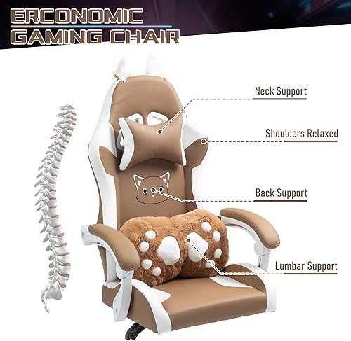 Miniatura 2 de ALEAVIC Silla de juegos con cojín lumbar de pata de gato y orejas de gato, sillas reclinables para computadora de juegos de PC, silla ergonómica