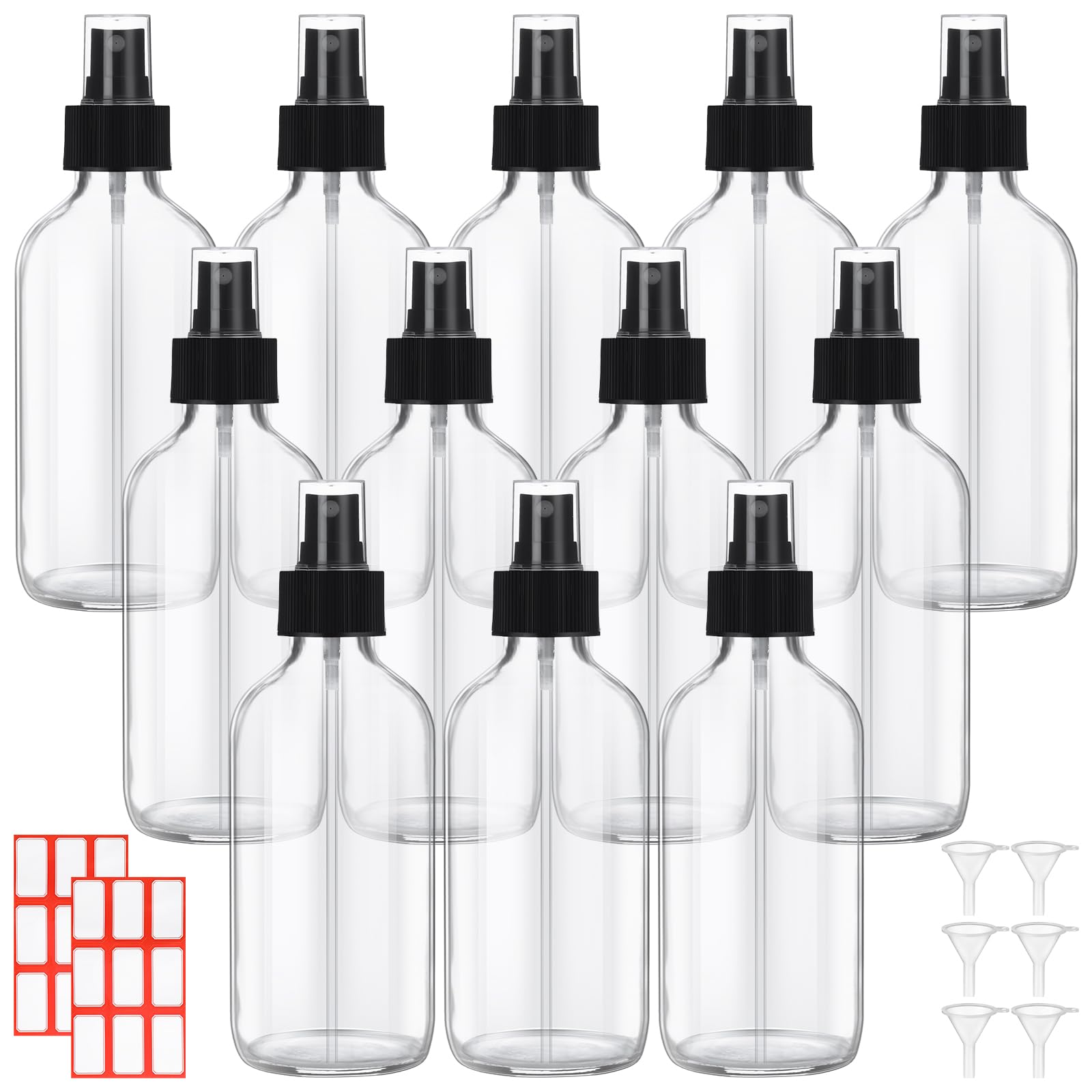 Norme 12 Pcs 8 oz Glass Spray Bottles with Funnels and Labels Refillable Cosmetic Empty Spray Bottles with Sprayer Containers for Essential Oil