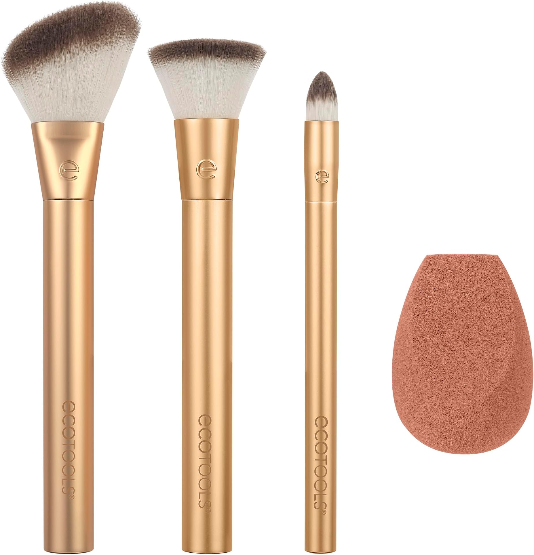 Precious Metals Face Blend & Sculpt Set, Makeup Brush Set For Foundation, Concealer, & Powder, Makeup Sponge, Eco-Friendly, Recycled Aluminum, Chrome, Cruelty-Free, 4 Piece Set
