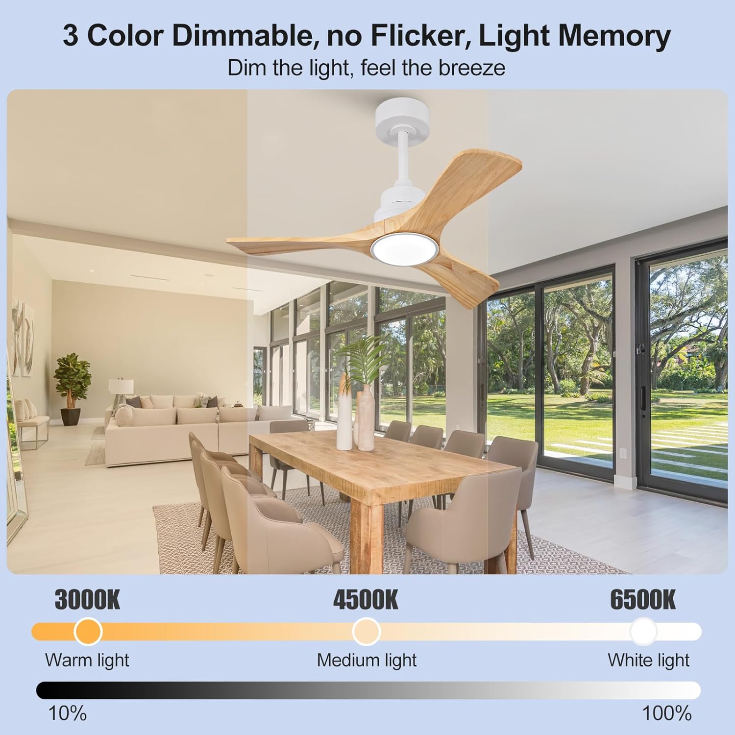 36 Inch White Ceiling Fans with Lights and Remote Control, Dimmable LED Light, Wall Switch, 3 Wood Blades, Modern Small Indoor Outdoor Ceiling Fan for Patio Farmhouse, Reversible DC Motor