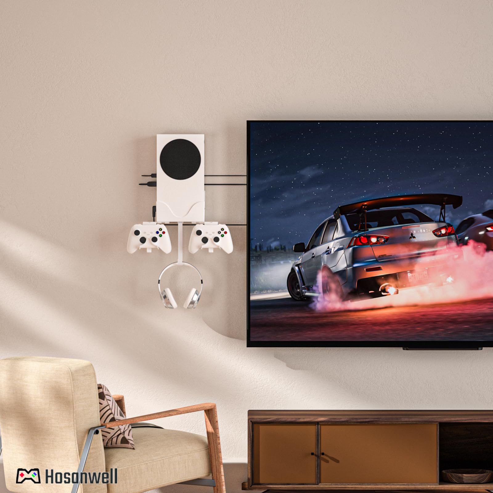 Hosanwell Supporto da Parete Xbox Series S Staffa Parete per Console, Cuffie e Controller, Montaggio a Parete Solido con Tappetino Antiscivolo, Tacca di Ricarica Disponibile per Cavo USB