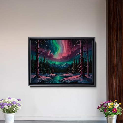 Miniatura 2 de Aurora Borealis, Northern Lights Art, framed canvas print, snow capped mountain landscape art, synthwave vaporwave, Art Decor, Arts