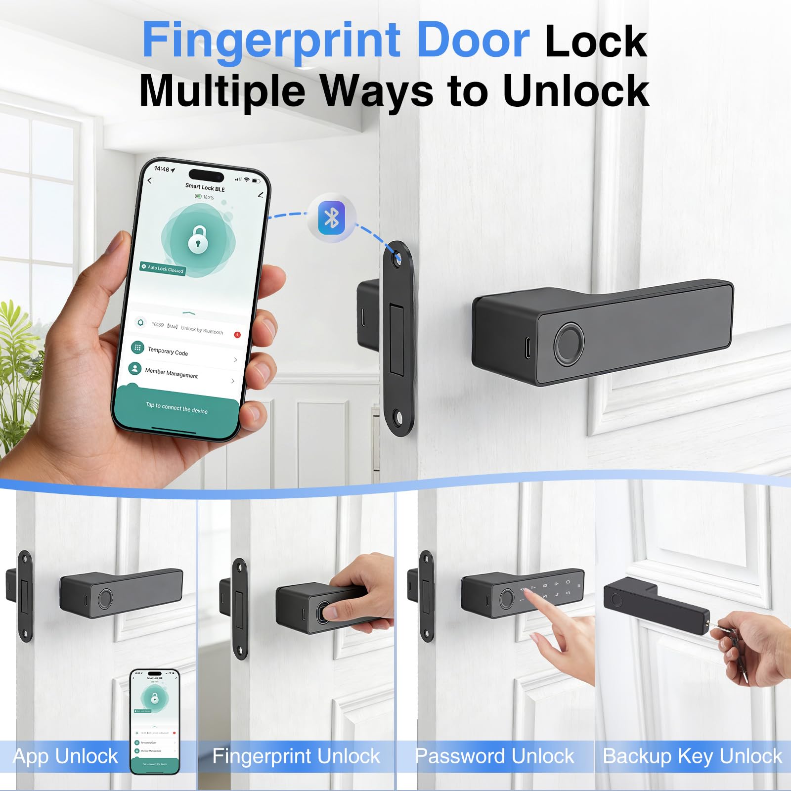Fingerabdruck Türschloss mit App Steuerung – Smart Lock für Holztüren, 5 Wege zum Öffnen, Code/Bluetooth/Schlüssel, Magnet Schloss für Innenraum, 200 Tage Batterie, Gästezugang (Ohne IC-Karte)