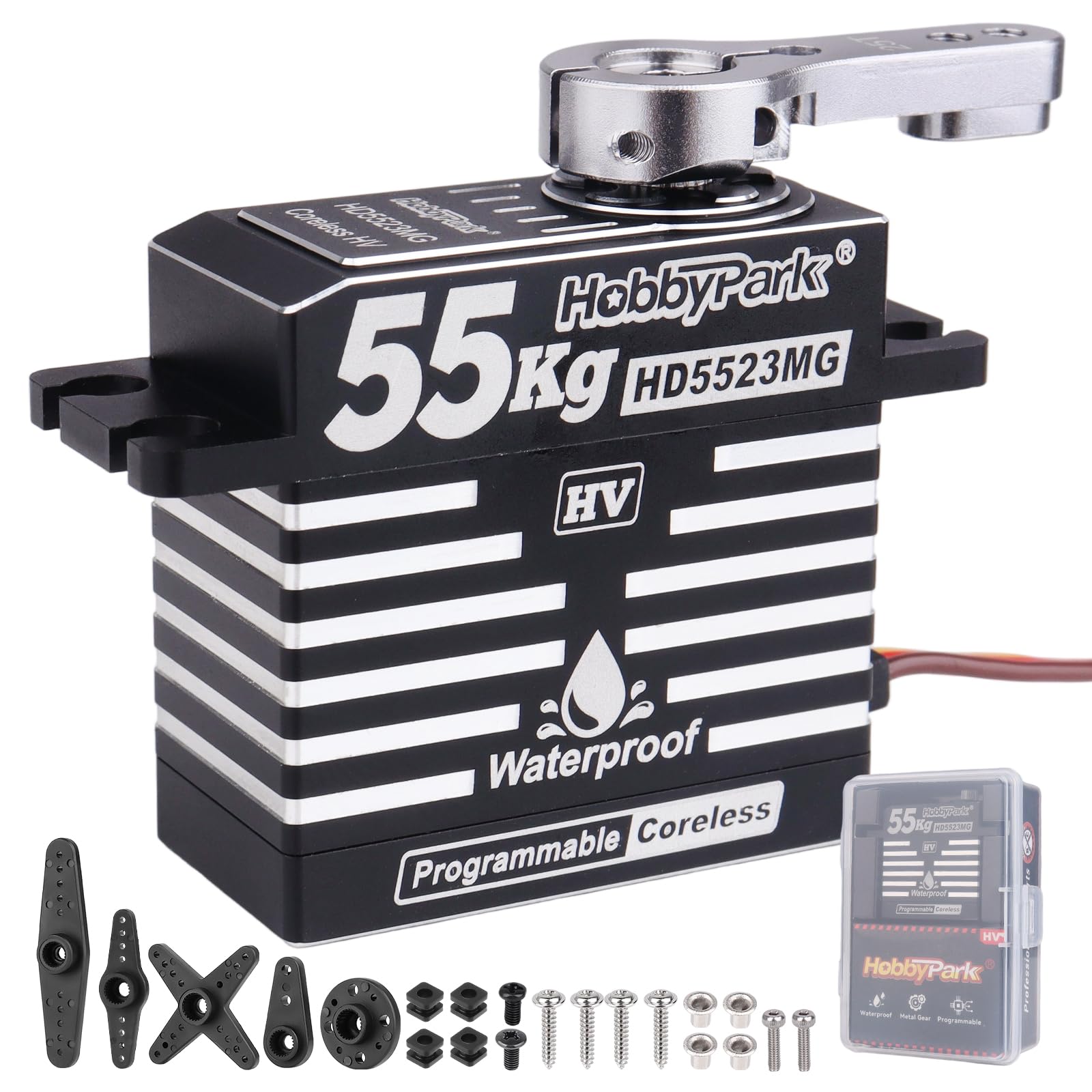 HobbyPark Impermeabile 55KG Servo Coreless Motore 8.4V HV Servo Alta Coppia Servo Full Metal Gear RC Servo Programmabile per 1/8 1/10 RC Crawler RC Camion RC Auto Buggy Robot 180 ° w/Servo Horn