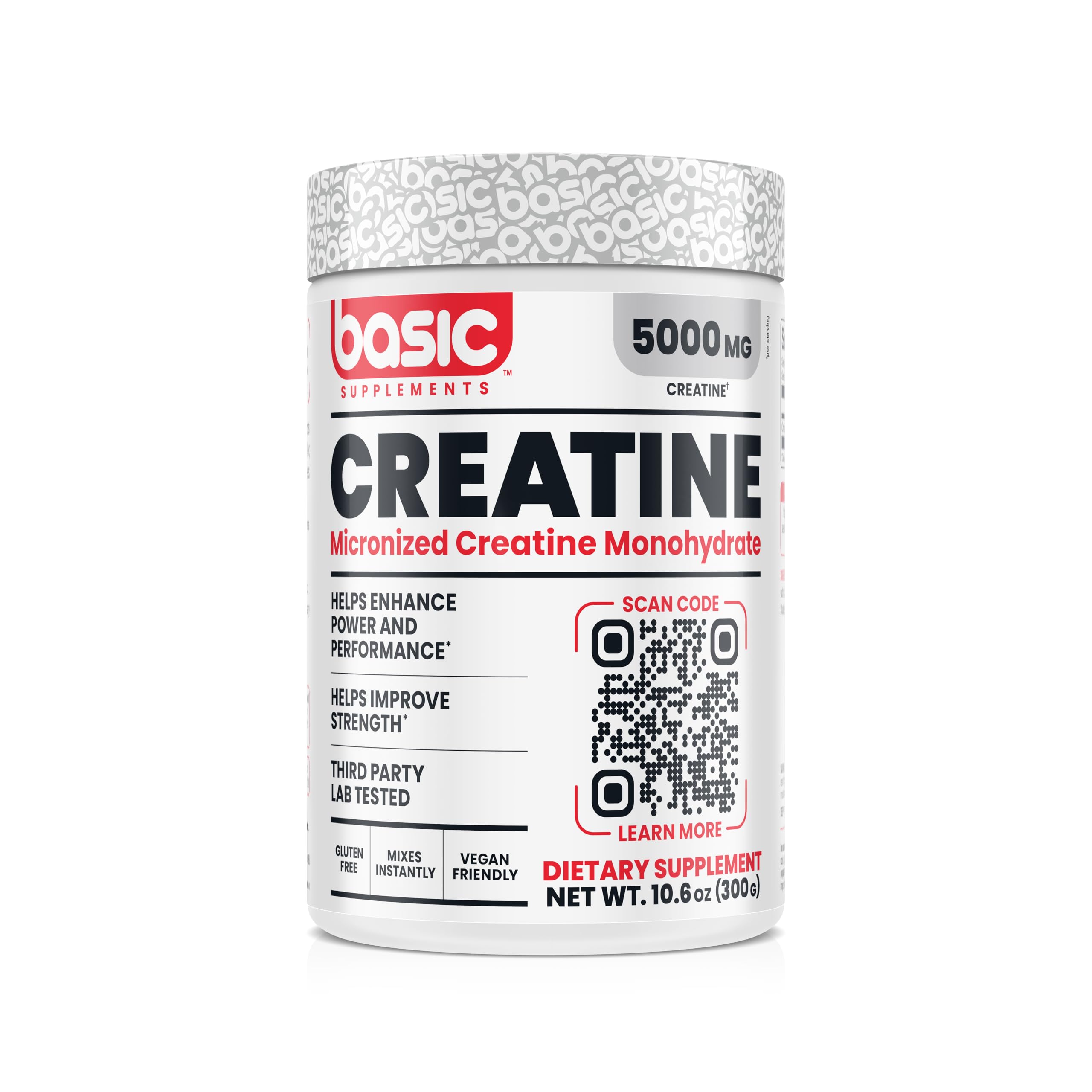 BASIC SUPPLEMENTS Micronized Creatine Monohydrate, 5000mg per Serving, Helps Enhance Power and Performance, Helps Improve Strength, Third Party Lab Tested, Instant-Mix, Gluten Free, Vegan Friendly