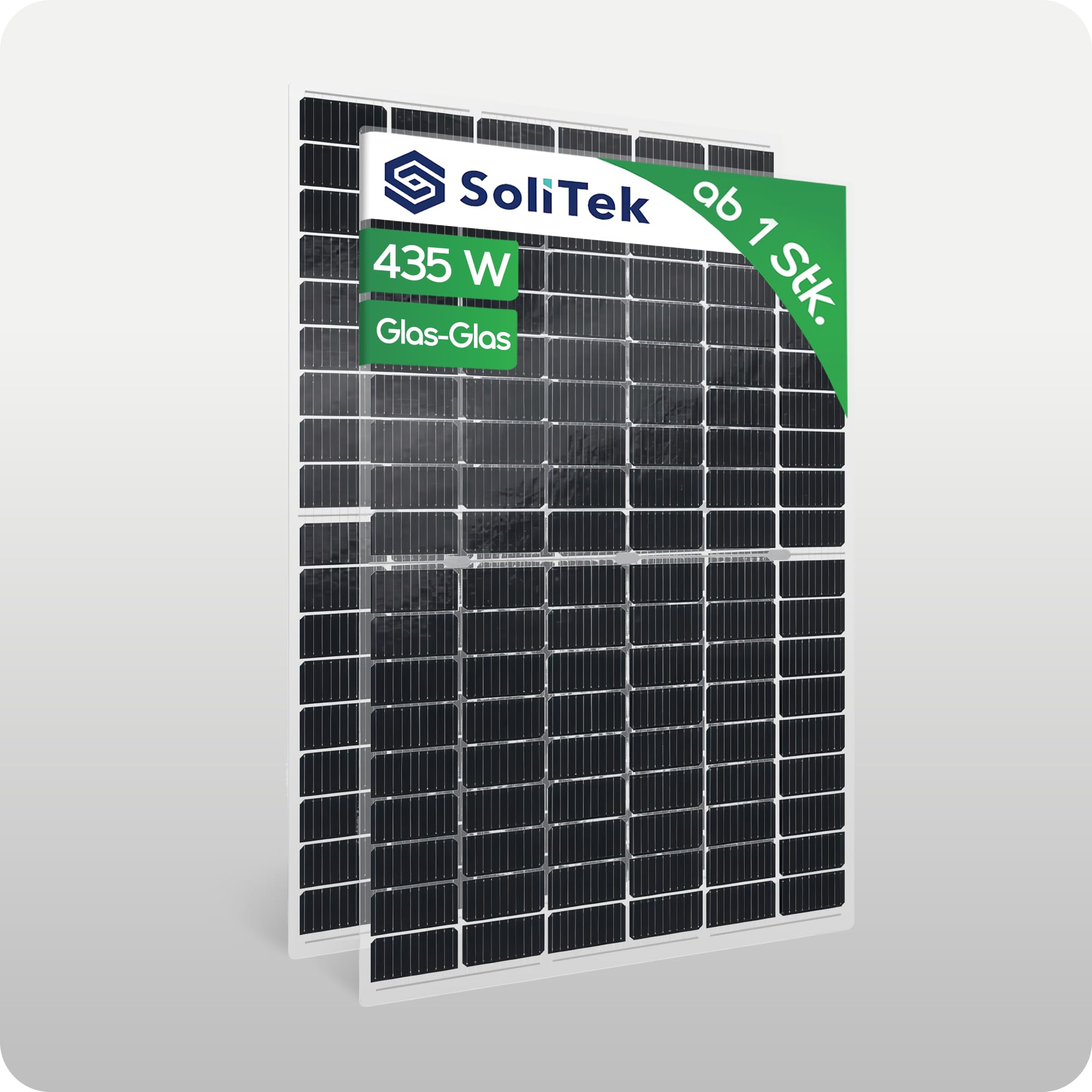 SoliTek Solarmodul 435W SOLID Bifacial, Rahmenloses, Glas-Glas – Bifaziale N-Typ TOPCon Zellen, 30 Jahre Garantie, Überkopfzulassung, Hagelbeständigkeit (40mm), Brandklasse A