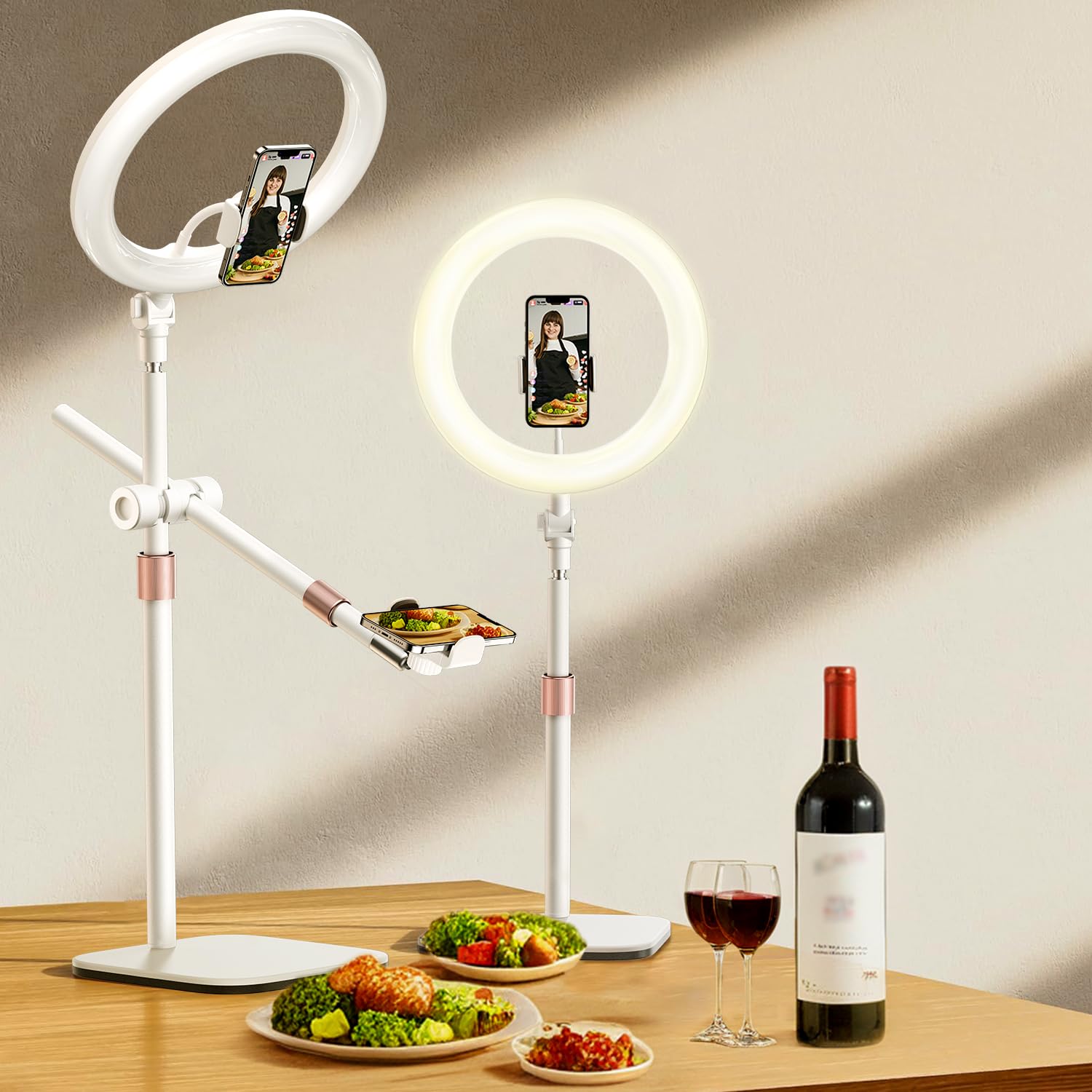 Overhead-Phone-Mount,Stable Overhead-Camera-Mount-Stand [Anti-Shaking] with 10.5" Ring Light, Flexible Desk-Stand for iPhone with Ring-Light for Video-Recording,Zoom Meeting,YouTube,TikTok, White