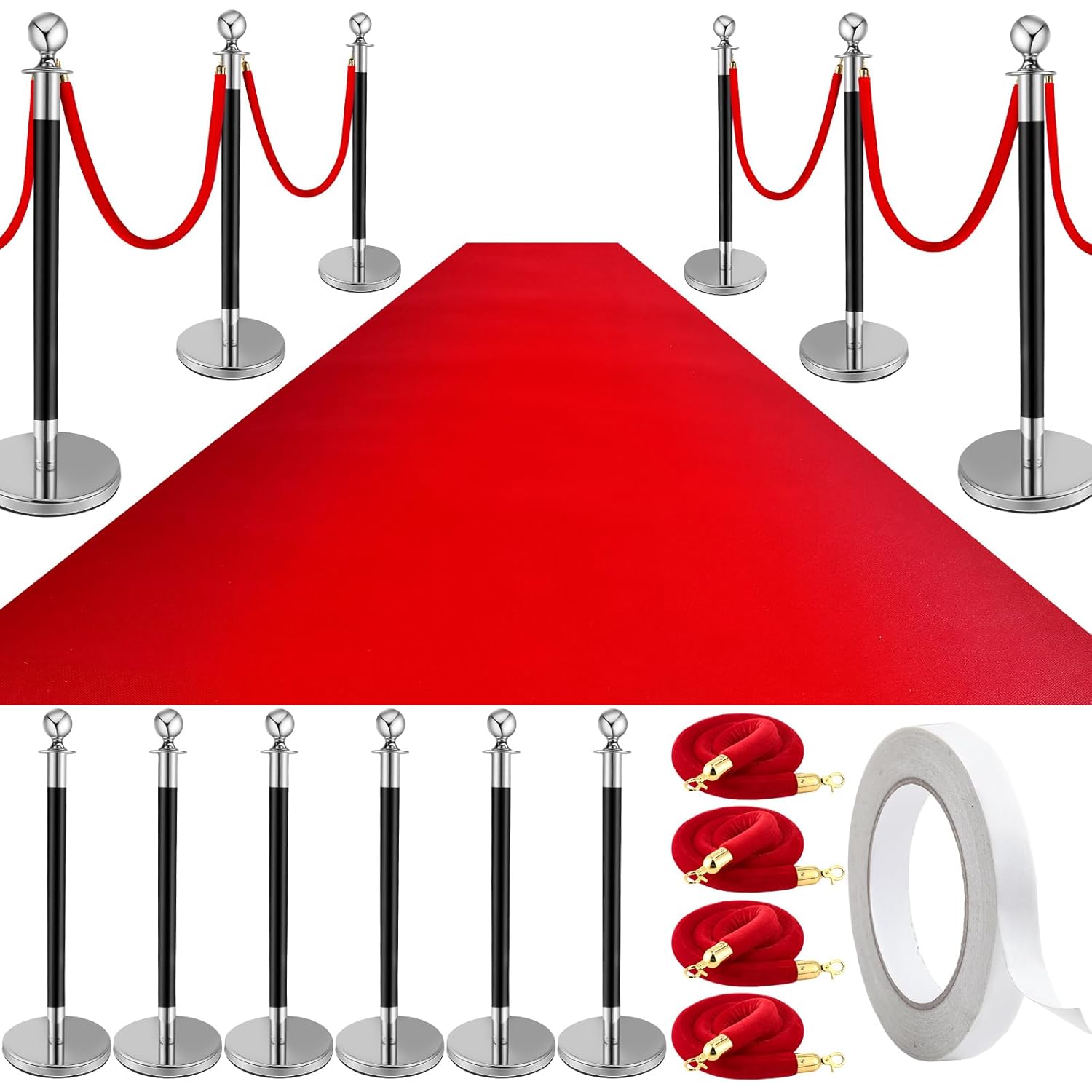Pelopy Stanchion Posts Queue Crowd Control Stanchion Velvet Ropes Carpet Set, 38 in Post Sand Injection Hollow Base with Rope, Carpet for Party Museum(12 Pcs,Black, Silver,26 ft Carpet) 26 ft Carpet Black 12