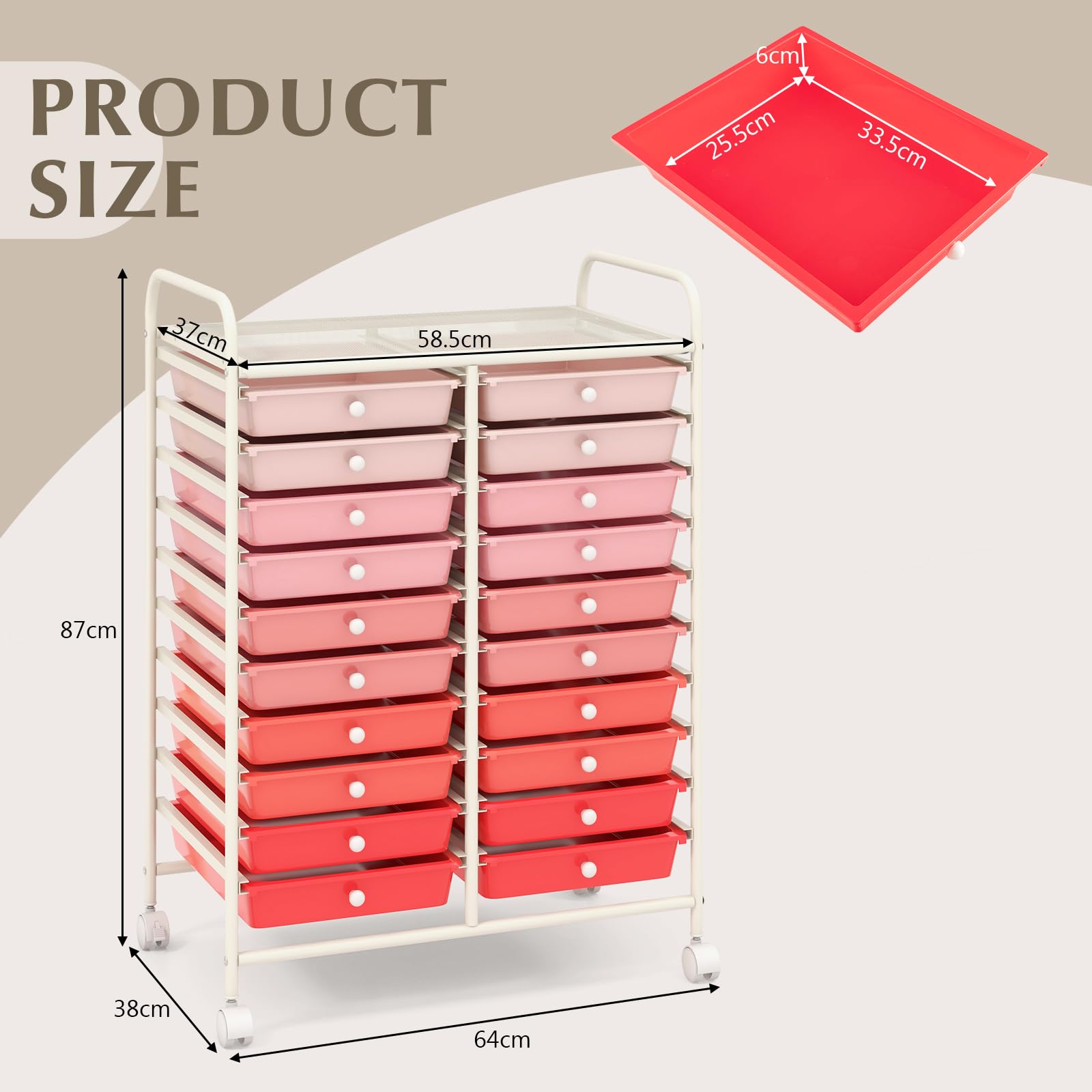 GIANTEX Carrello con 20 cassetti, impilabile, per cassetti, da cucina, bagno, ufficio, 64 x 39 x 88 cm (rosso + rosa)