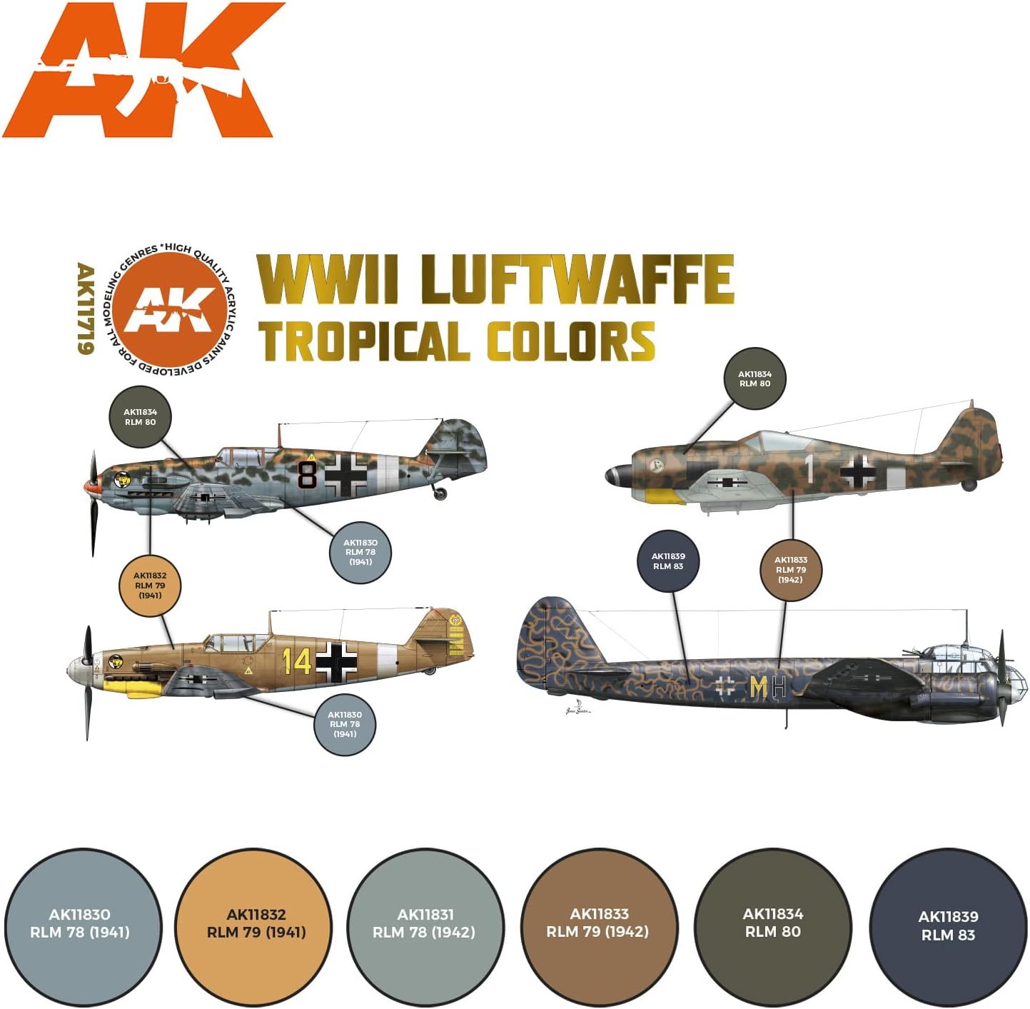 AK Acrylics 3Gen Aircraft Set AK11719 WWII Luftwaffe Tropical Colors Set 3G (6x17ml)