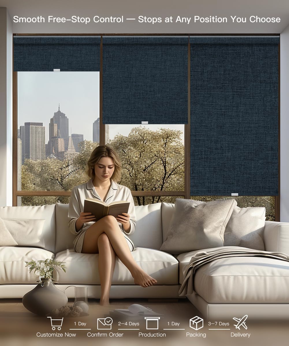 Blackout Cordless Roller Shade, Spring Free-Stop Pull-Down Window Blind, Custom Size, Thermal Insulated, UV Blocking, Room Darkening, Drill-Mount for Home (Fabric Navy Blue)