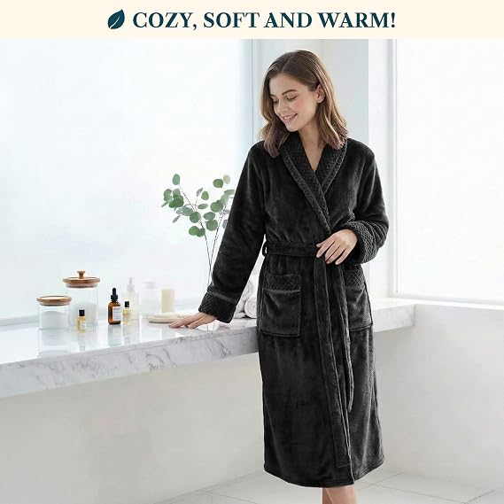 PAVILIA Womens Plush Fleece Robe, Soft Cozy Long Bathrobe for Women | Satin Waffle Trim, Warm Lightweight Housecoat Pockets Tie Belt, Spa Shower College Dorm, Valentines Mothers Day Gift for Her