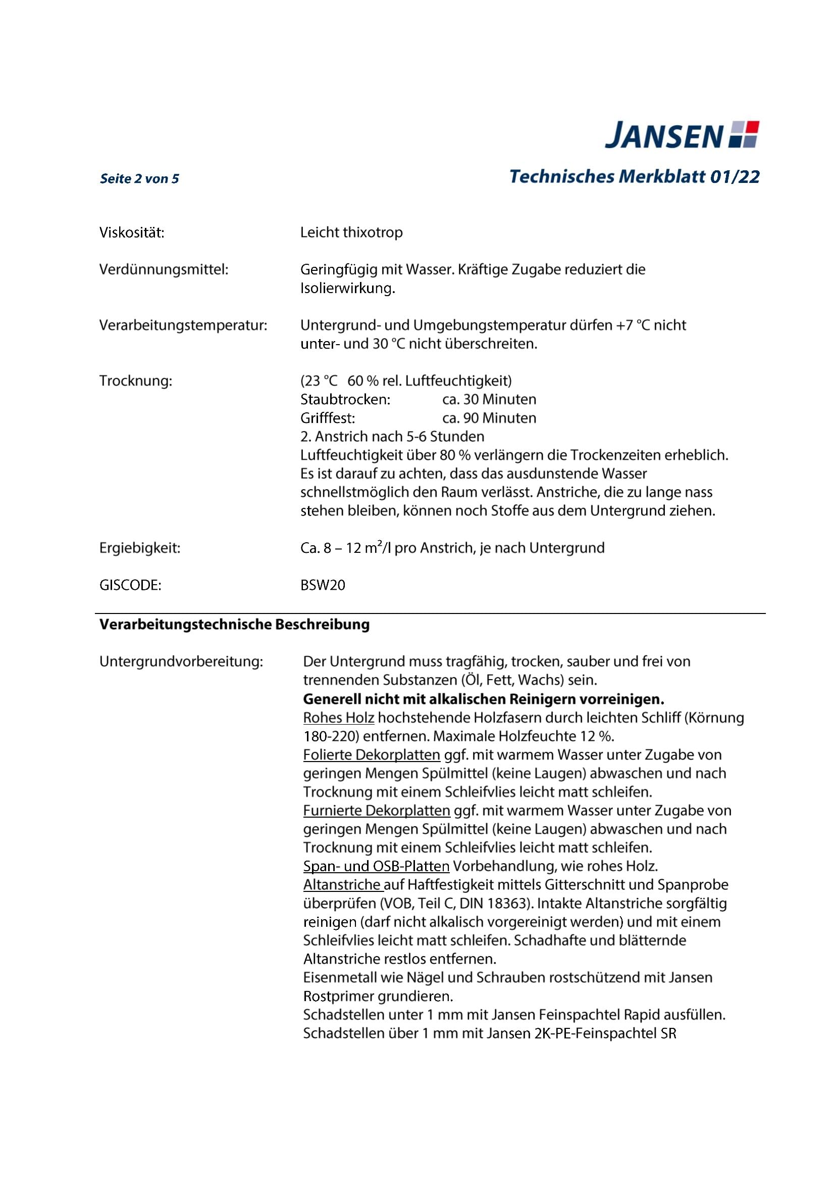 Jansen ISO-HDF Holzdeckenfarbe matt weiß 750ml Grund und Deckanstrich