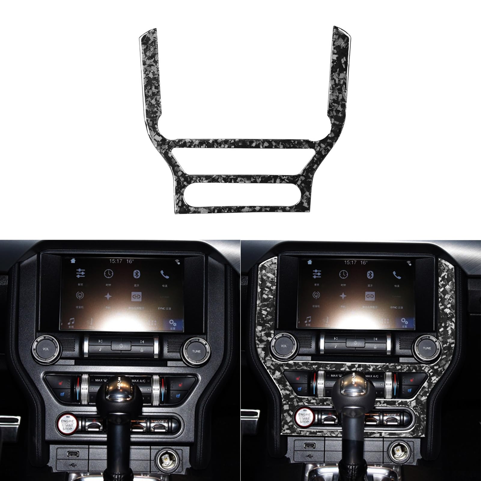 Car Dashboard Central CD Player Control Panel Navigation Screen Frame Trim Sticker Glossy Black Forged Carbon Fiber Decoration Compatible with Ford Mustang 2015-2020 Auto Interior Accessories