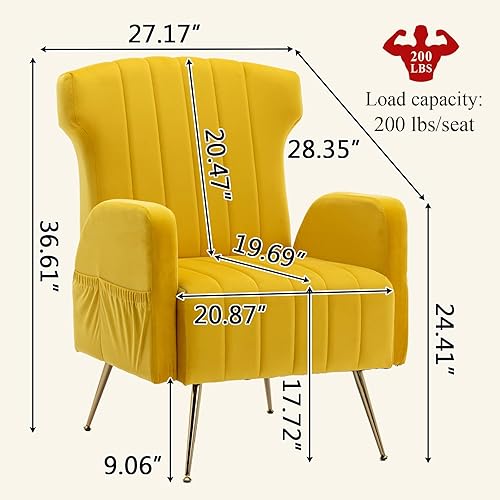 Miniatura 2 de NIOIIKIT Silla decorativa de terciopelo con respaldo de ala con patas de metal dorado, sillón tapizado, silla lateral, sofá individual de ocio,