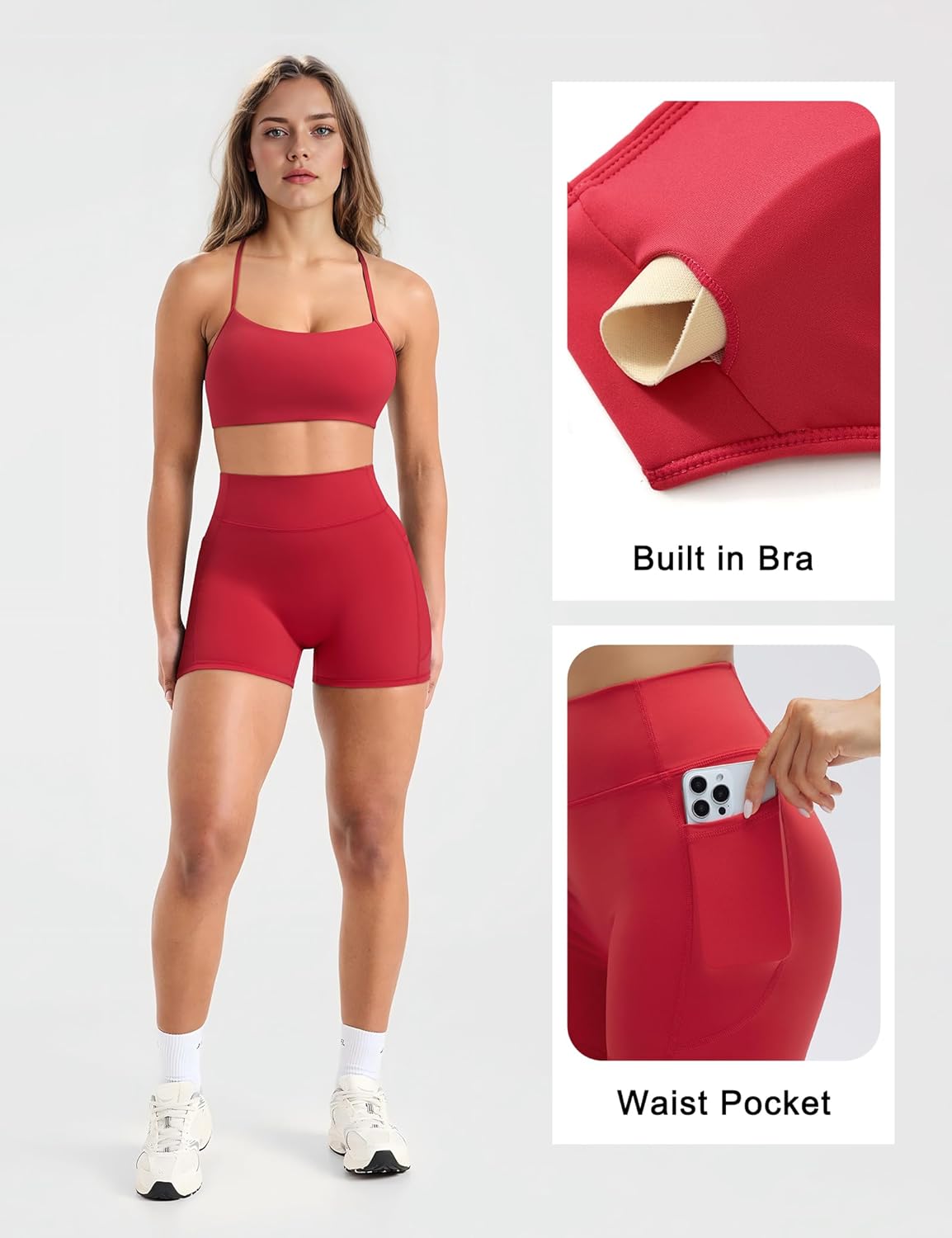 SUUKSESS Women 2 Piece Workout Sets Padded Halter Sports Bras High Waisted Biker Shorts with Pockets - Image 2