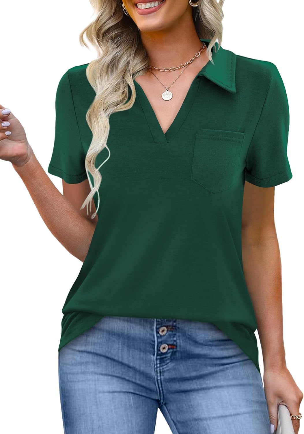 Women's Polo Shirts Collared Work Tops Short Sleeve Business Casual Dressy Blouses Summer Tops with Pocket