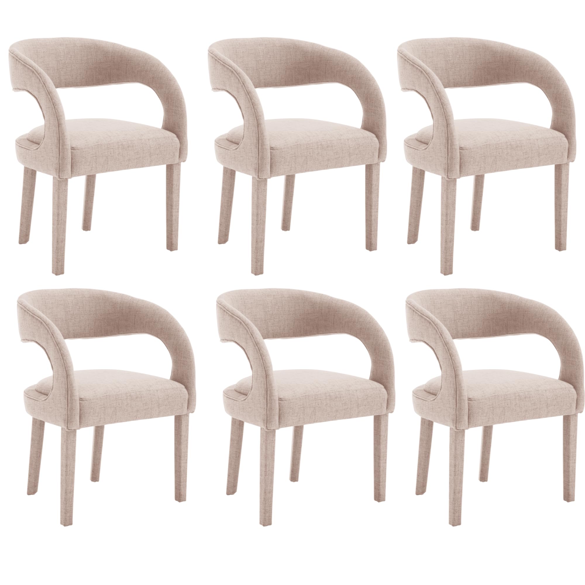 Shunzhi Modern Barrel Dining Chairs Set of 6 Linen Upholstered Fabric Dining Room Chairs Open Back Kitchen Chairs with Wood Legs Accent Side Chair for