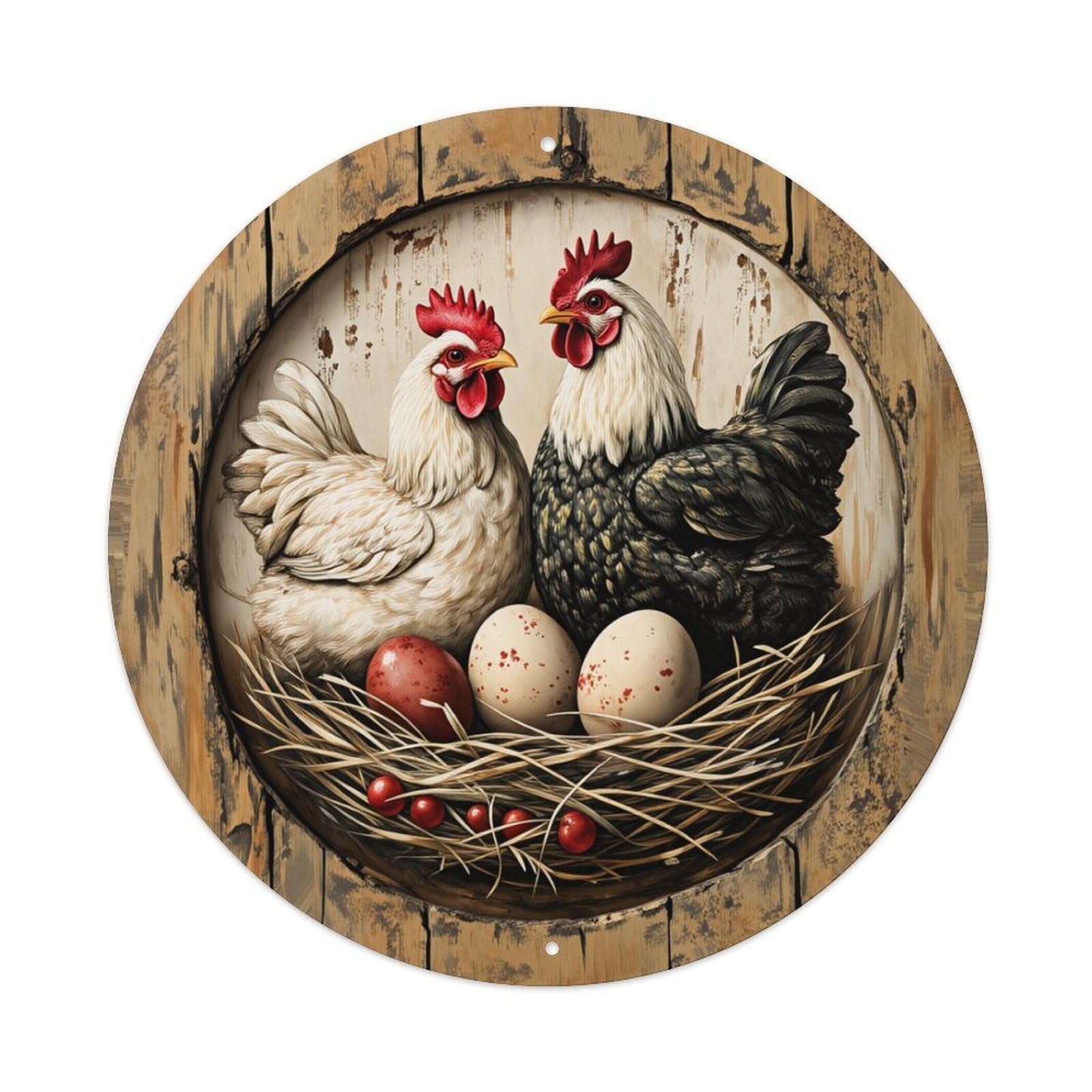 Chicken Nest Eggs Wood Art Round Tin Sign Vintage Metal Poster, Home Bar Garage Man Cave Cafe Indoor & Outdoor Wall Decoration 8x8Inches