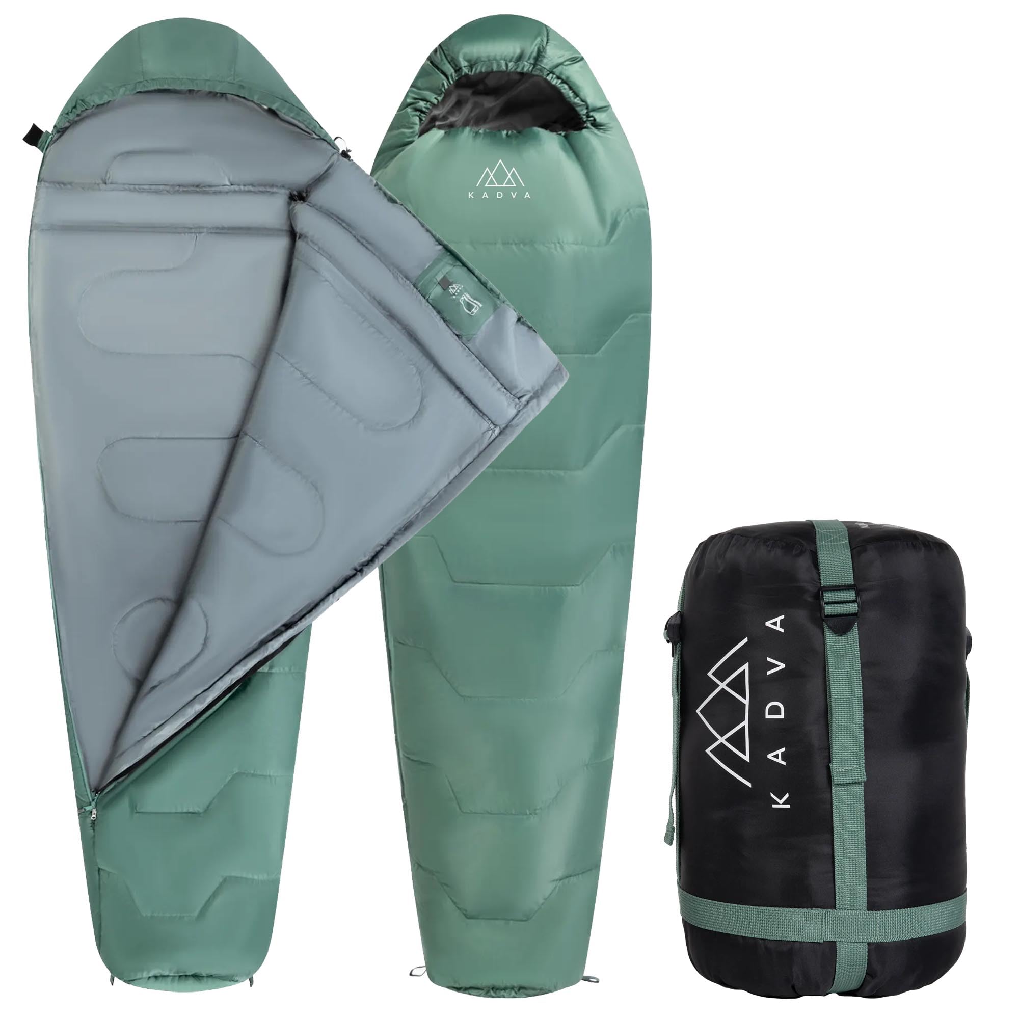 KADVA Sacco a pelo da campeggio Mumio R 230 x 80 cm, sacco a pelo verde con cappuccio per la testa, temperatura comfort 4 gradi, ideale per l'inverno, alta conservazione del calore, tecnologia Ripstop