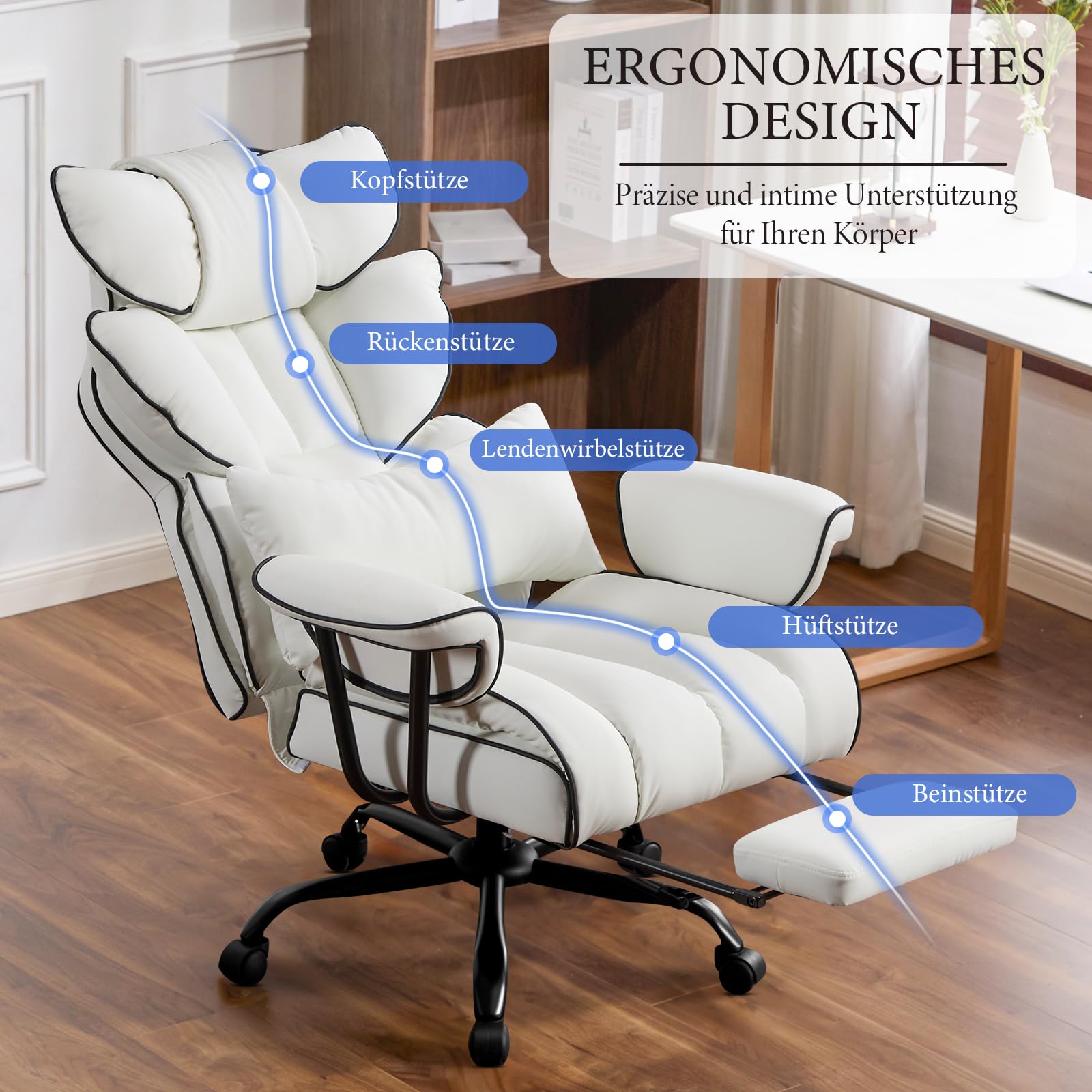 Gaming Stuhl Bürostuhl Ergonomisch, PU Leder Chefsessel, Bürostuhl 200kg mit Fußstütze und Lendenwirbelstütze, Home Office Stuhl Verstellbarer Stuhl mit hoher Rückenlehne, Drehstuhl (Weiß)