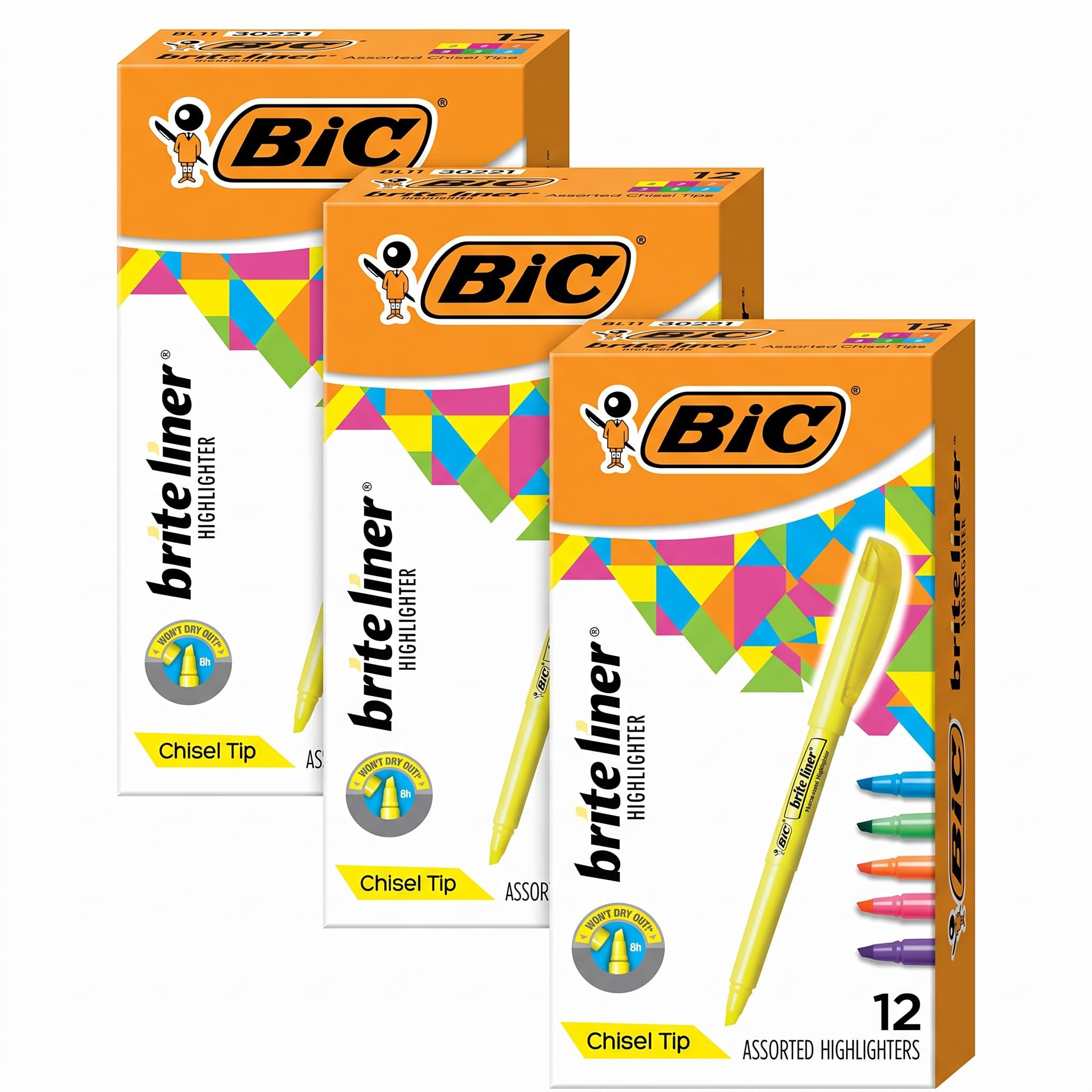 BIC Brite Liner Highlighters, Chisel Tip, 12-Count Pack of Highlighters Assorted Colors, Ideal Highlighter Set for Organizing and Coloring (Pack of 3)