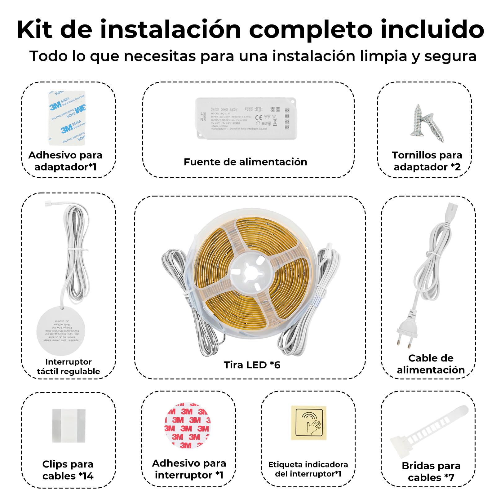 COB Tira LED 6 x 1M con Control Táctil Regulable para Paneles Acústicos, Vitrinas, Armarios, Cocinas, Vinotecas, Estantería, 3000K