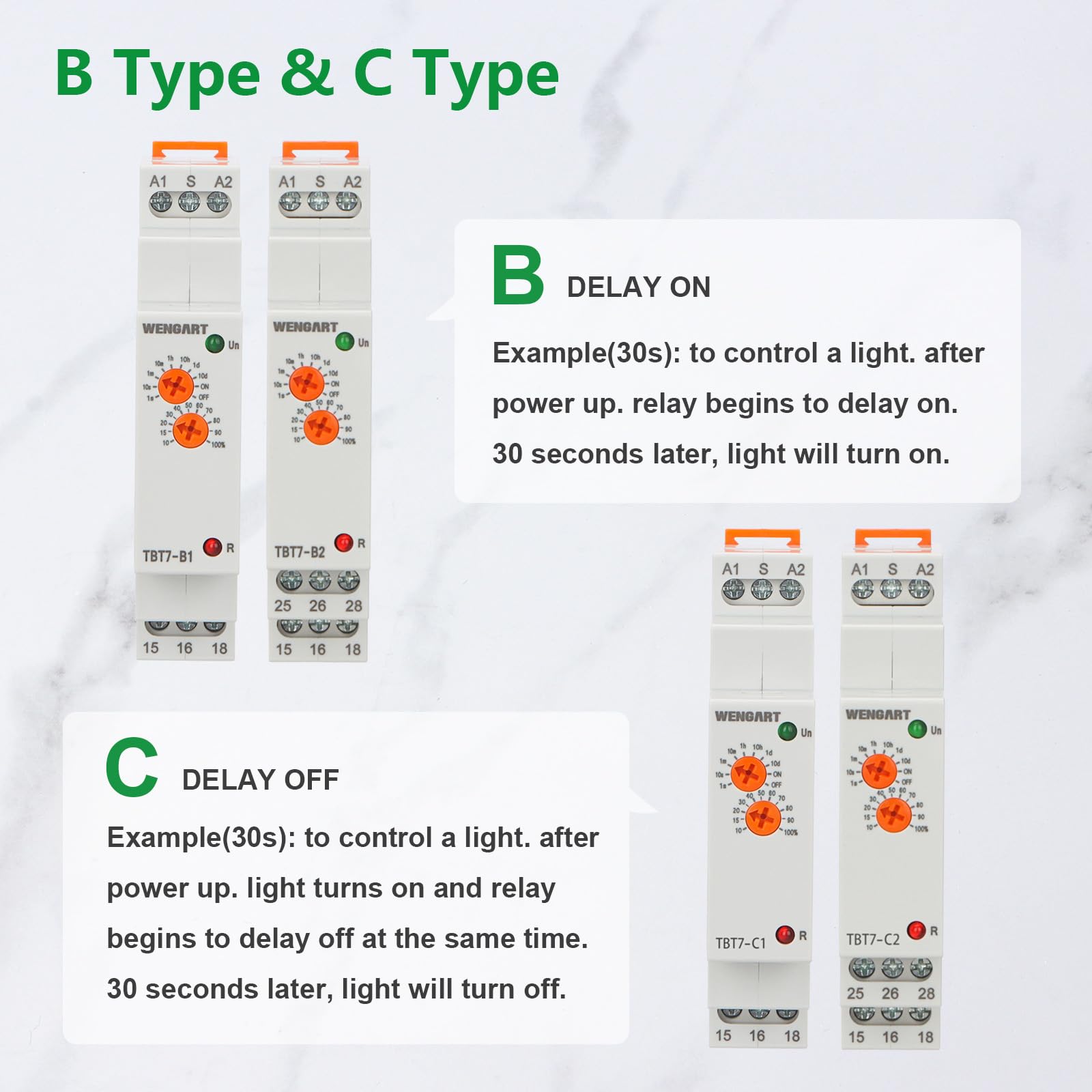 Wengart Relé de tiempo de retardo TBT7-C1, Delay Off_1SPDT Apagado retrasado relé de retardo de tiempo con función única, ACDC12-240V 16A, adecuado para el control de retardo de la carga