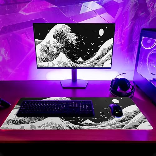 Miniatura 3 de Alfombrilla de mouse japonesa negra con ondas marinas abstractas de 31.5 x 11.8 pulgadas, textura de olas de mar, base de goma antideslizante,