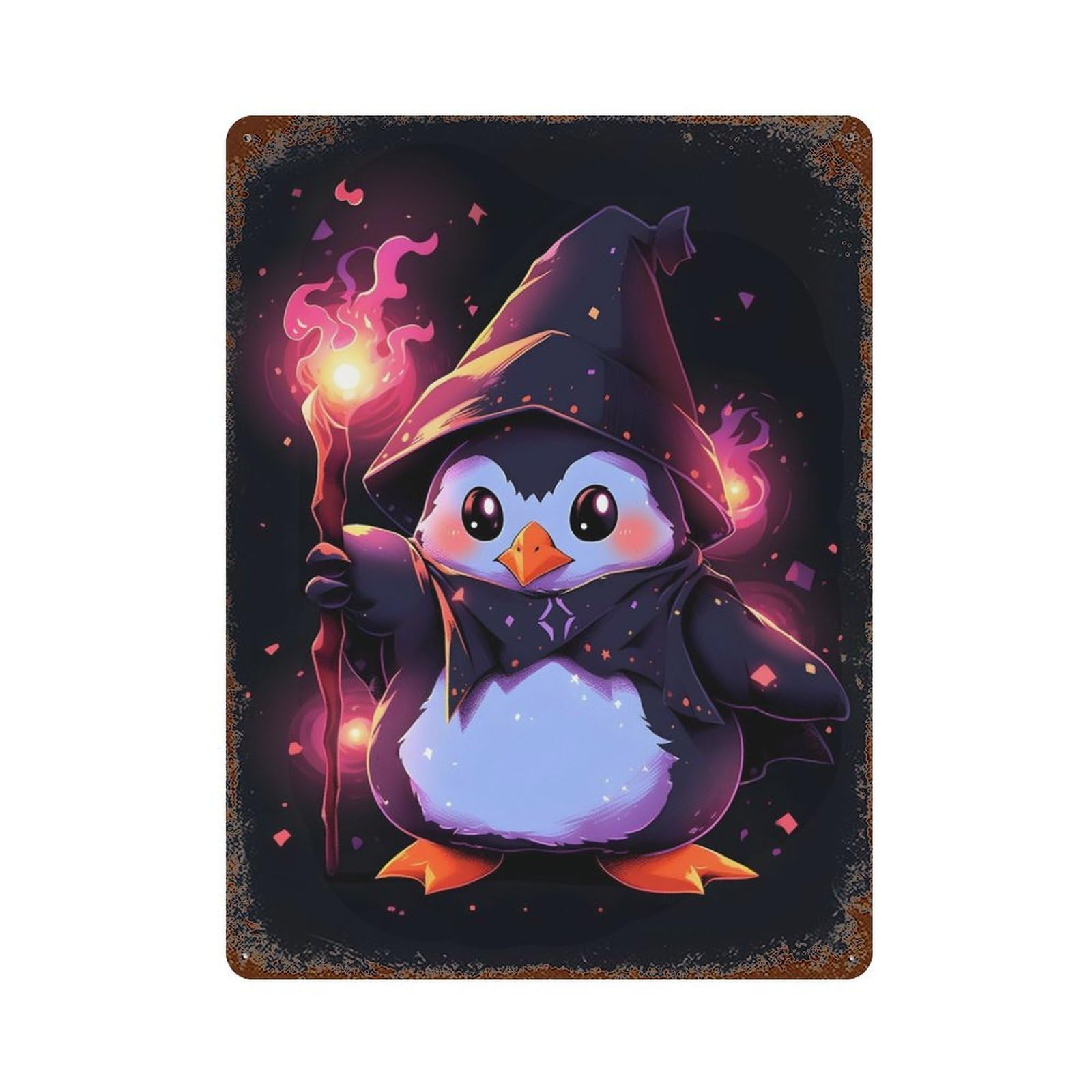 Rust Effect Penguin Fire Wizard Retro Metal Sign 15.7"x11.8", Farmhouse Wall Decor for Living Room, Hallway And Home Decor