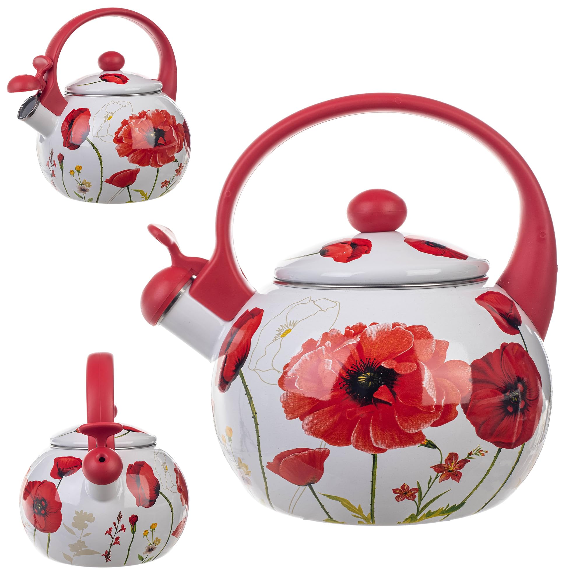 KADAX Waterkoker, roestvrijstalen waterkoker, 2,2 liter, fluitketel, waterkoker voor inductie en gasfornuis, theeketel, emaille waterkoker, retro waterkoker met fluitje (rode bloemen