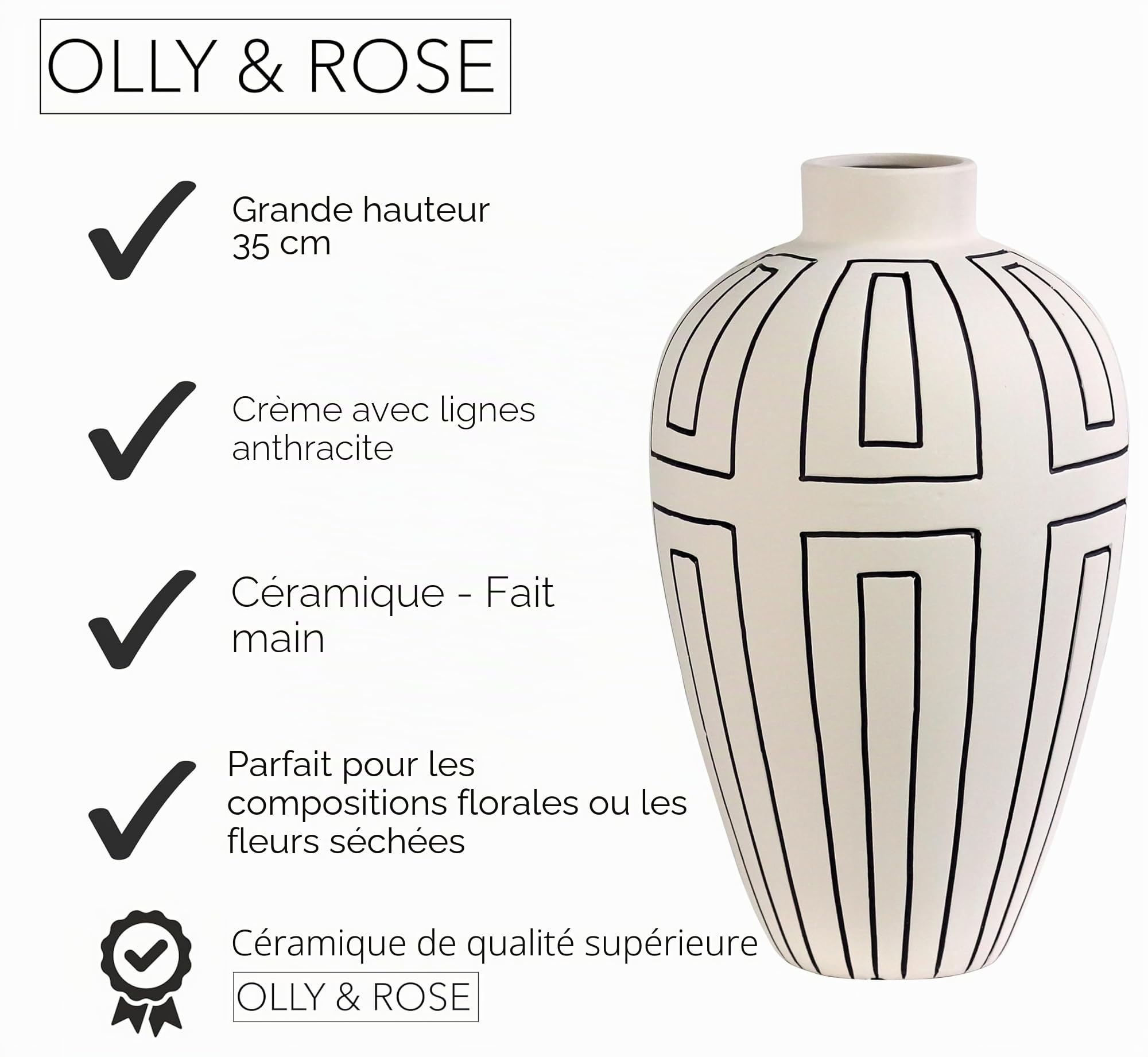Vase anthracite avec lignes crème – 20 x 20 x 34,5 cm