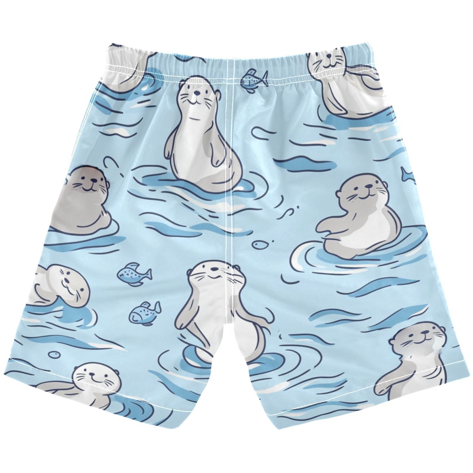 Jucciaco Boys Beach Board Shorts Sea Otters Blue Fish Swim Trunk Teen Swimwear