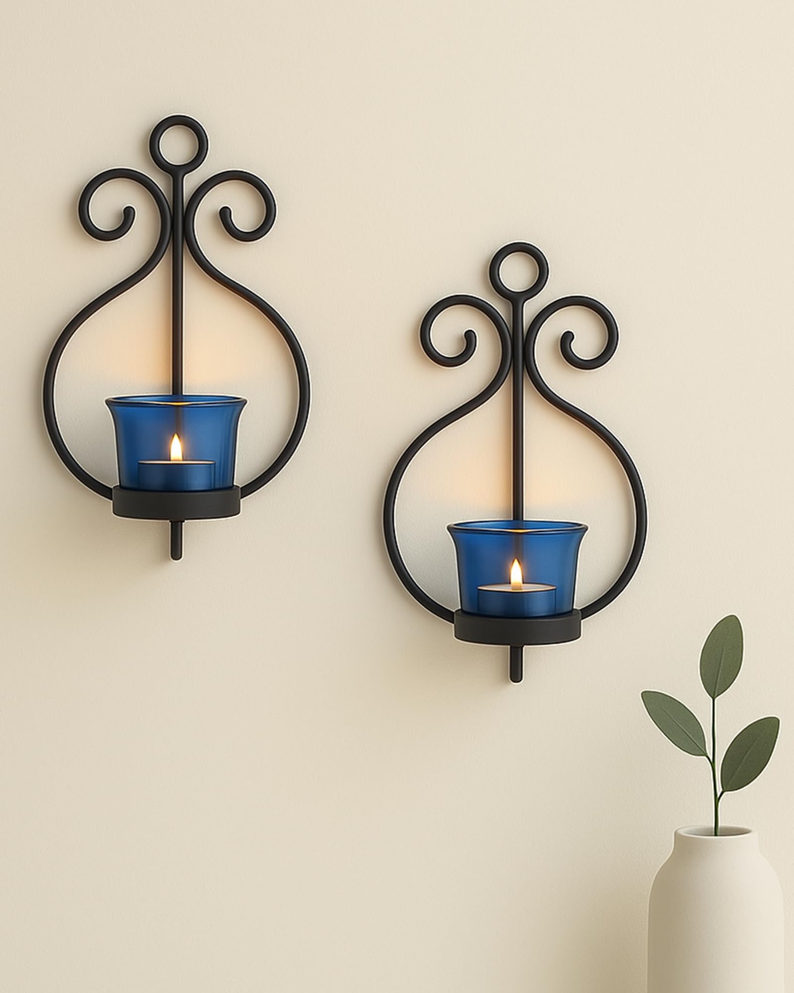 Homesake® Wall Candle Sconce Set of 2 Wrought Iron Candle Holder Hanging Wall Mounted Candle Sconces for Living Room Home Decor, Black with Glass and Free T-Light Candles (Blue)