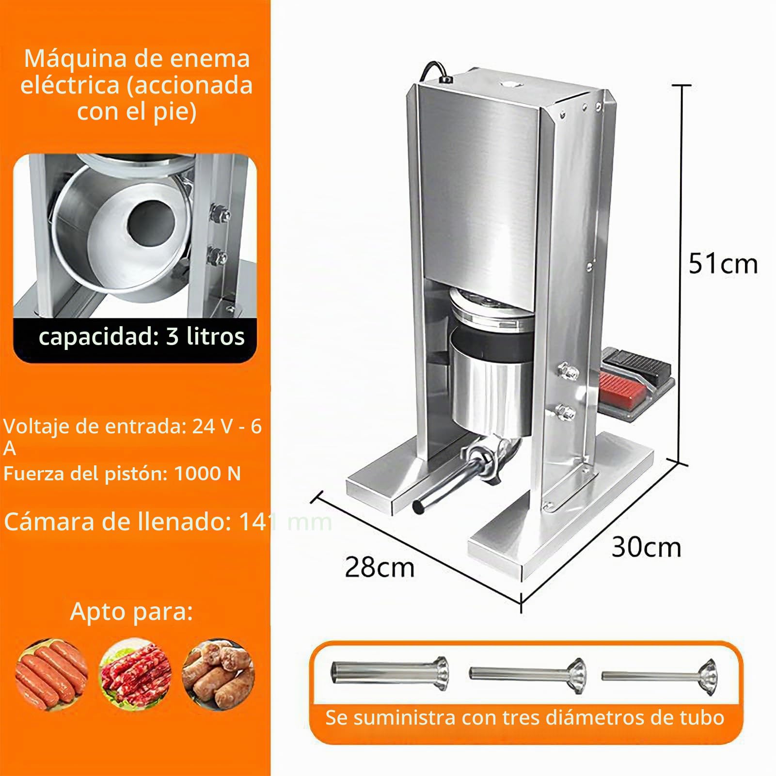 Maquina De Embutir Chorizos, Embutidora De Chorizos De Acero Inoxidable, Vertical Embutidora Electrica, Con 3 Tubos De Relleno, Capacidad De 2 L, Para Restaurante Hogar Cocina