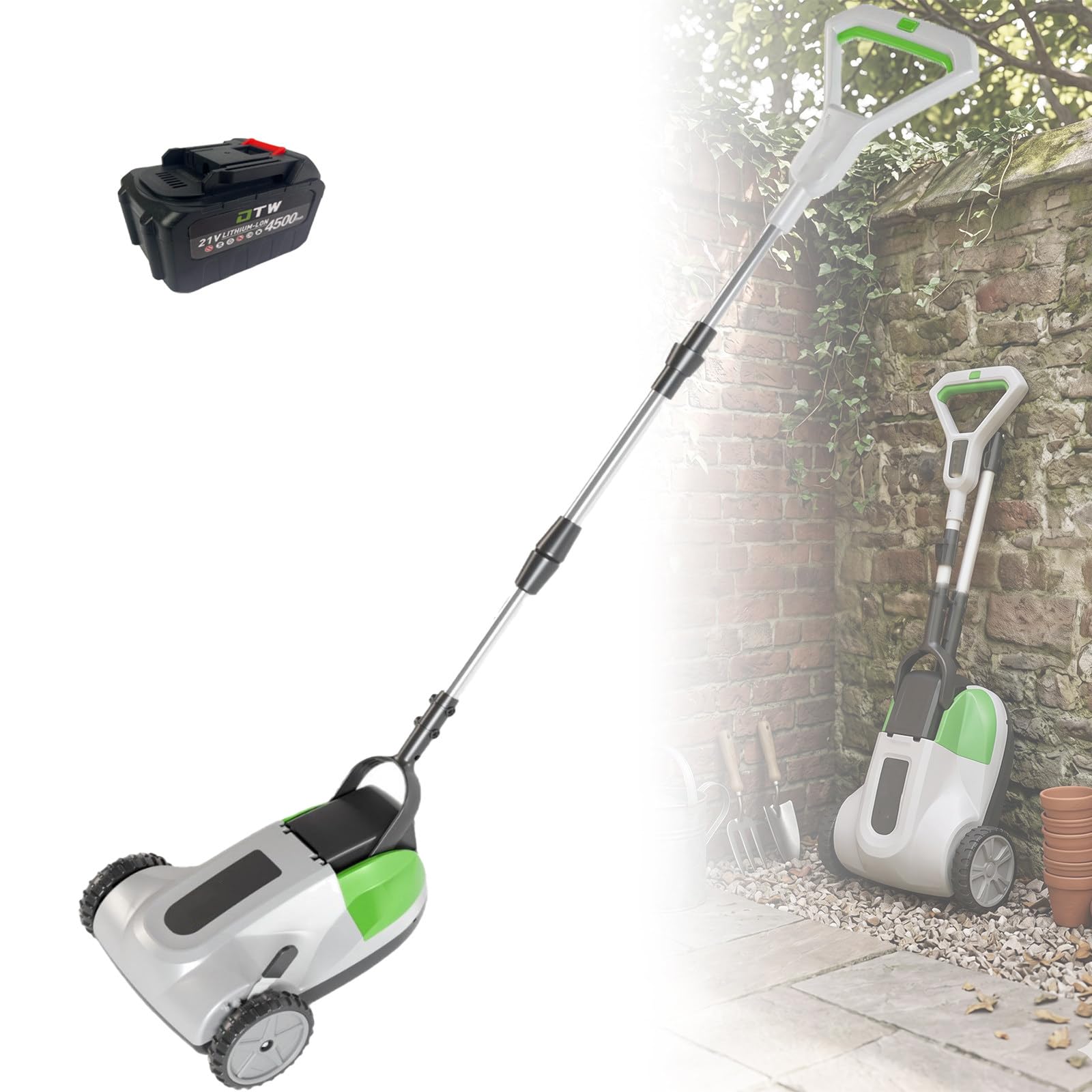 MiyKom Cordless Lawn Mower with Telescopic Handle and Safety Shut-Off for Small Villas and Tight Garden Corners Quiet Brushless Lawn Mower for Afternoon Mowing 1 * 4.5AH