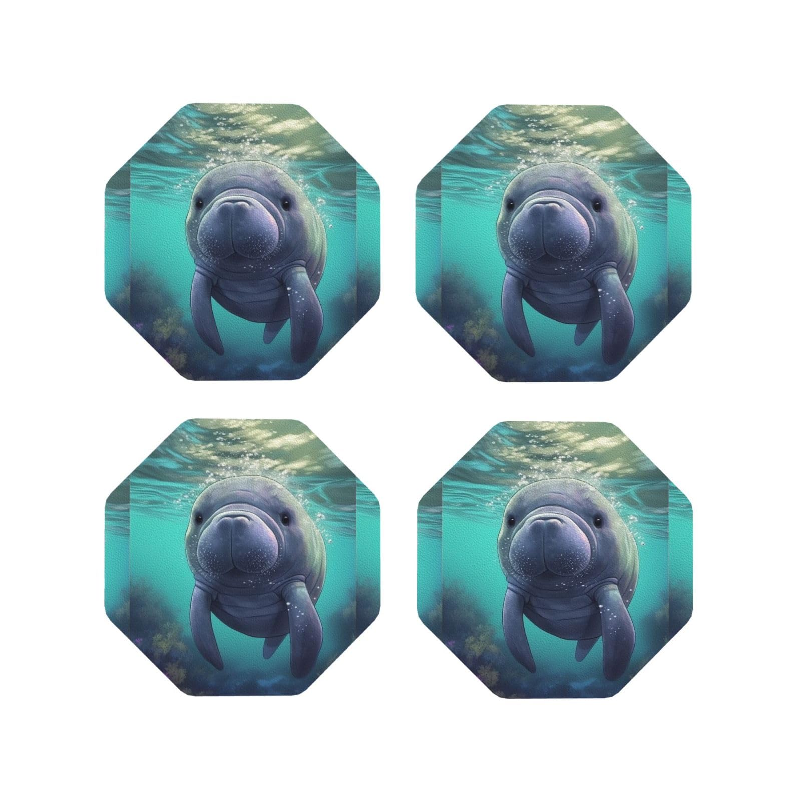 4Pcs PU Leather Coaster for Drinks, Cute Sea Animal Manatee Cup Coastersr 4" Cup Mat Pad, Aesthetic Drink Coasters for Coffee Table, Octagon Coaster for Tabletop Protection