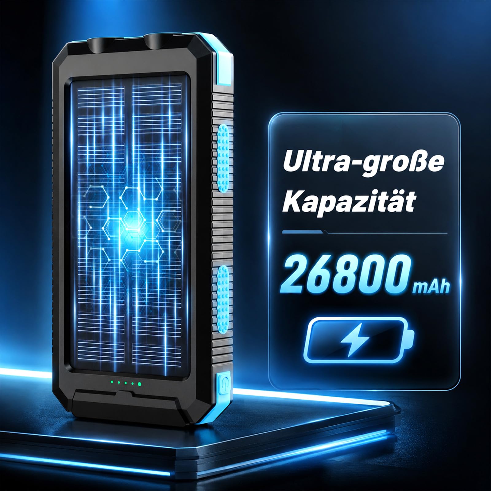 Vikeri Solar Powerbank 26800mAh, Powerbank Solar Wasserdichtes USB C Externer Akku mit 4 Outputs, Power Bank für Smartphones, Tablets und mehr (Blau)