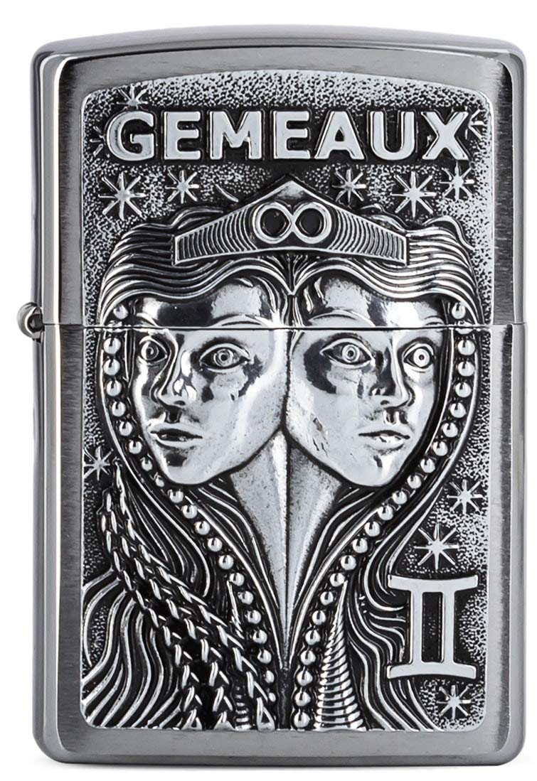 Zippo Windproof Lighter, Zodiac Gemini Design – Brushed Chrome, Emblem – Refillable, Reusable, Windproof Design – Comes in Gift Box – Made in USA