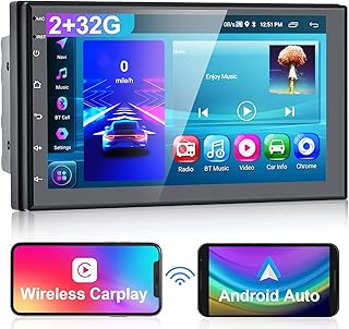 Podofo Double Din Android Car Stereo with Wireless Apple Carplay GPS Bluetooth Double Din Radio 7” Touchscreen Supports Android Auto Mirror Link WiFi FM/RDS Radio SWC + Dual USB + Mic + Backup Camera