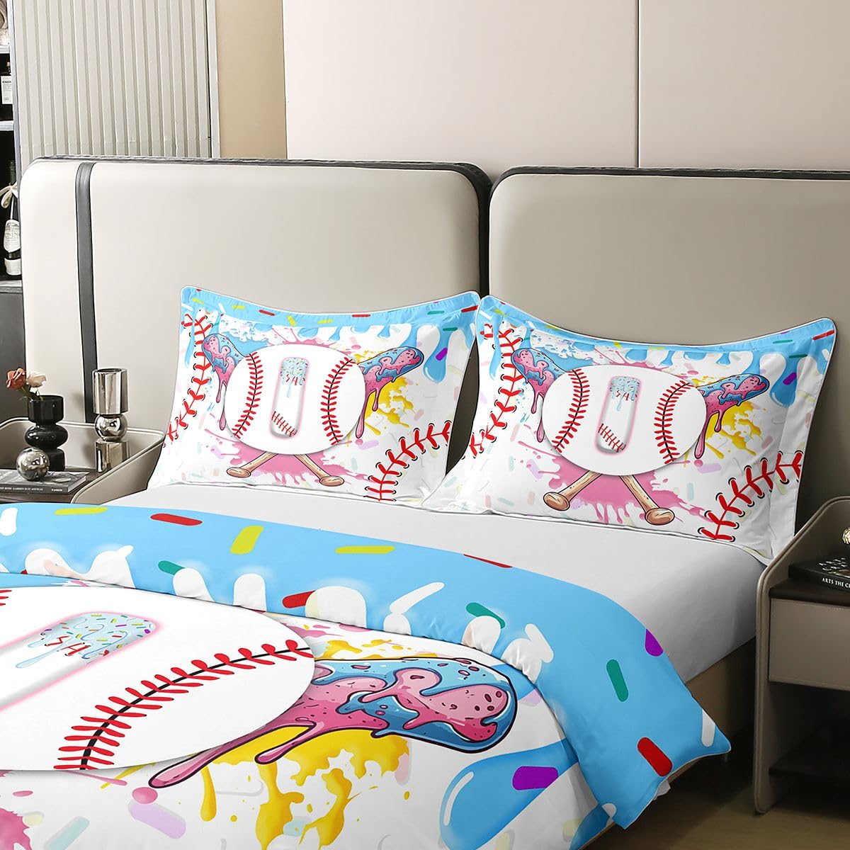 Homewish Baseball podwójny zestaw pościeli uroczy estetyczny lody kapanie bawełna poszewka na kołdrę turkusowy niebieski graffiti sport kij baseballowy poszwa na kołdrę Gelato chłopiec litera I