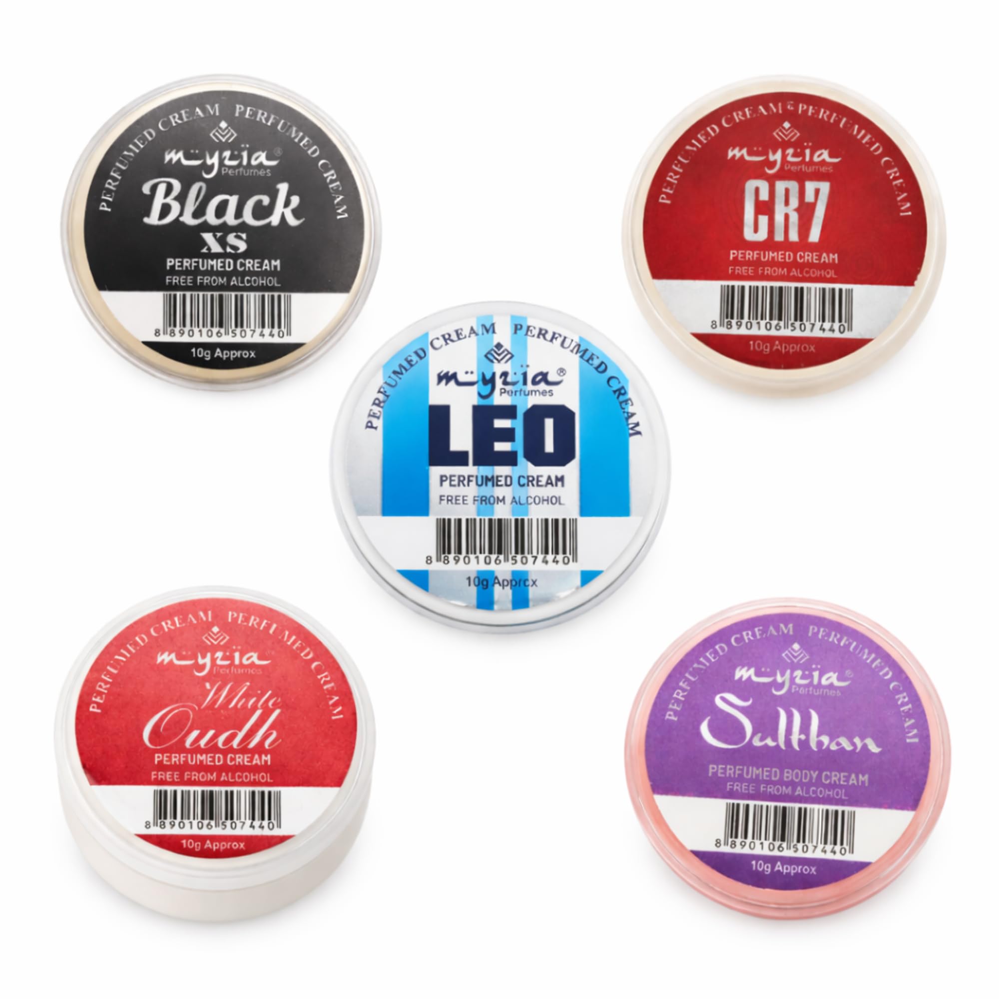 Myzia Men Solid Perfume Cream Combo – Black XS, CR7, White Oudh, LEO & Sulthan | Wax Perfume for Men | Alcohol Free Skin Perfume | Cream Perfume Pack of 5 (10g Each)-image-1